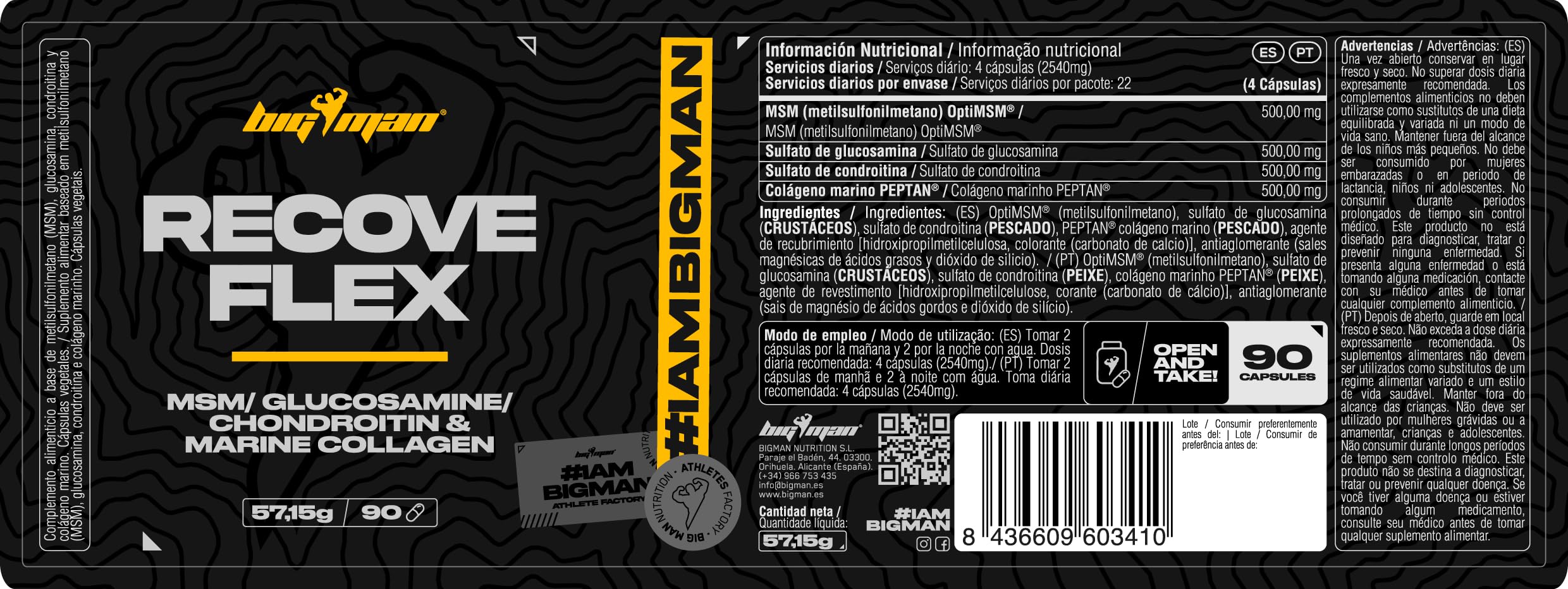 BigMan | RECOVE FLEX 90 Cáp. | Apoyo a la salud articular | Con MSM y GLUCOSAMINA | Enriquecido con Colágeno