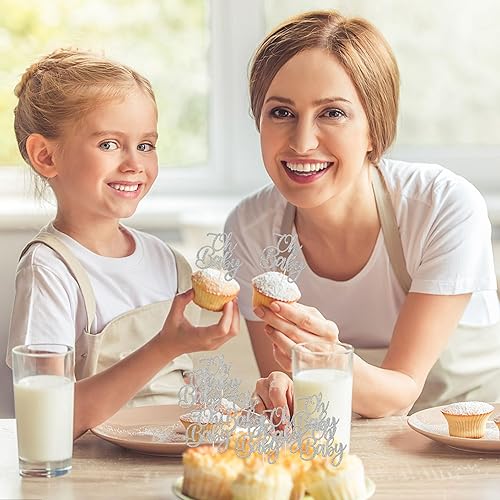 Miniatura 3 de Rsstarxi Paquete de 24 adornos con purpurina para cupcakes de baby shower, decoración de pasteles para celebrar el bautismo del bebé, palillos de