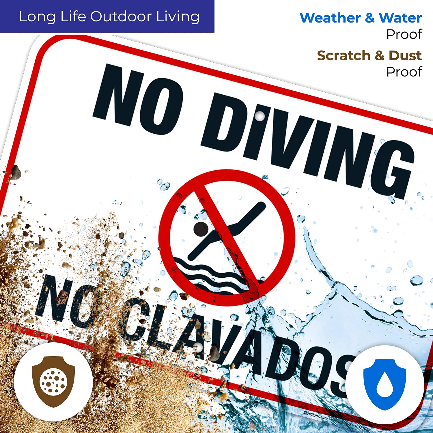 Bilingual No Diving Pool Sign, English Spanish, 12x18 Inches, 55 mil Thick HDPS (high Density polystyrene), Made in USA