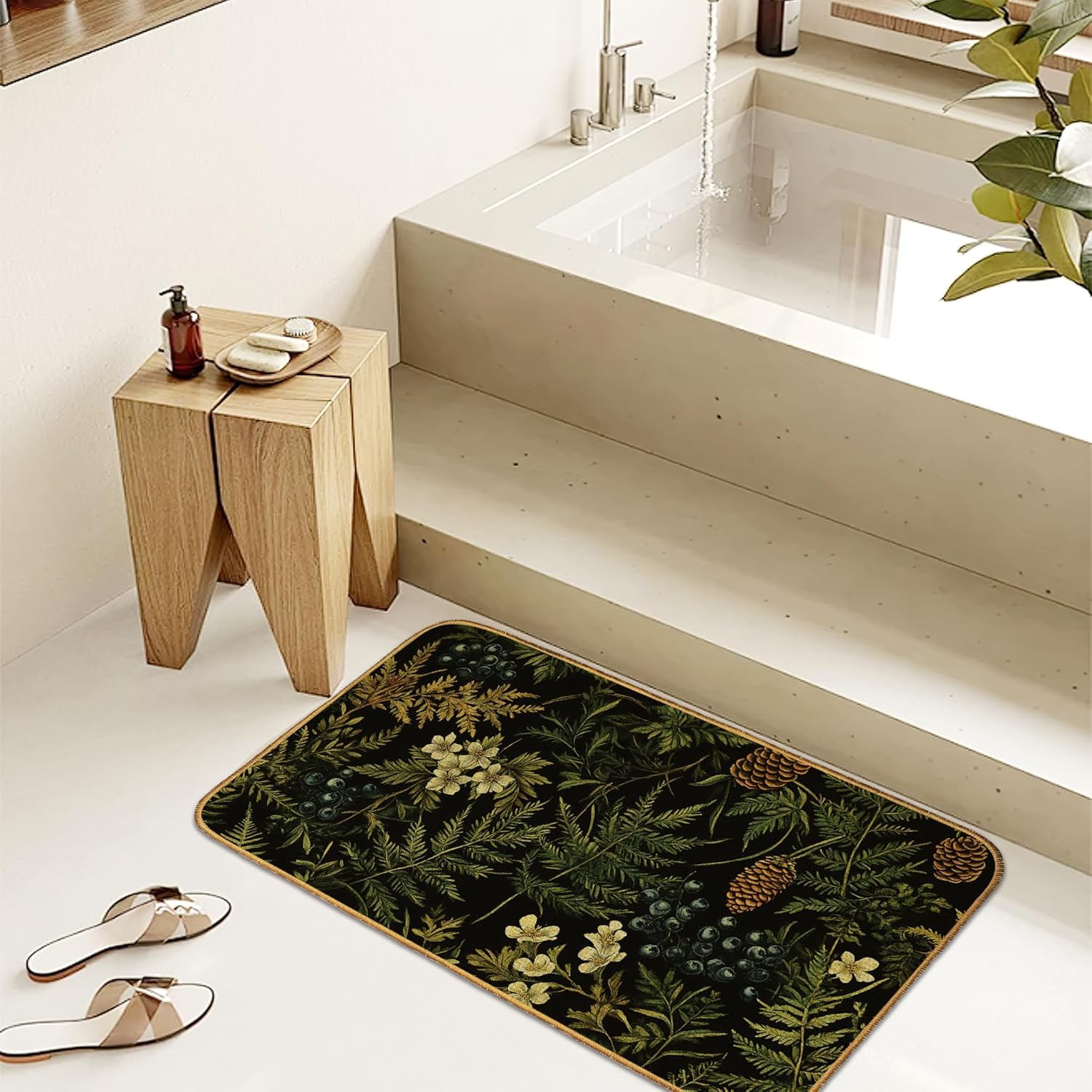 Dark Green Herb Plants Indoor Outdoor Door Mat,Wildflowers Front Floor Mat Non-Slip Absorbent Low-Profile Washable Inside Entrance,Linen Sturdy Soft Entry Doormat for Entryway
