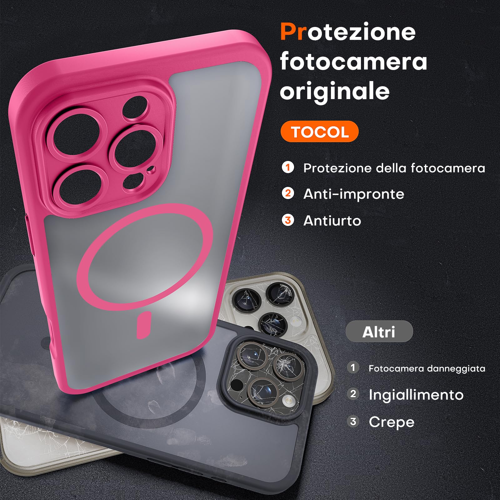 TOCOL Cover Magnetica per iPhone 16 Pro Max 6,9 Pollic, Compatibile con MagSafe, Protezione Fotocamera Integrata, Custodia Antiurto Traslucida Opaca, Rosa Caldo