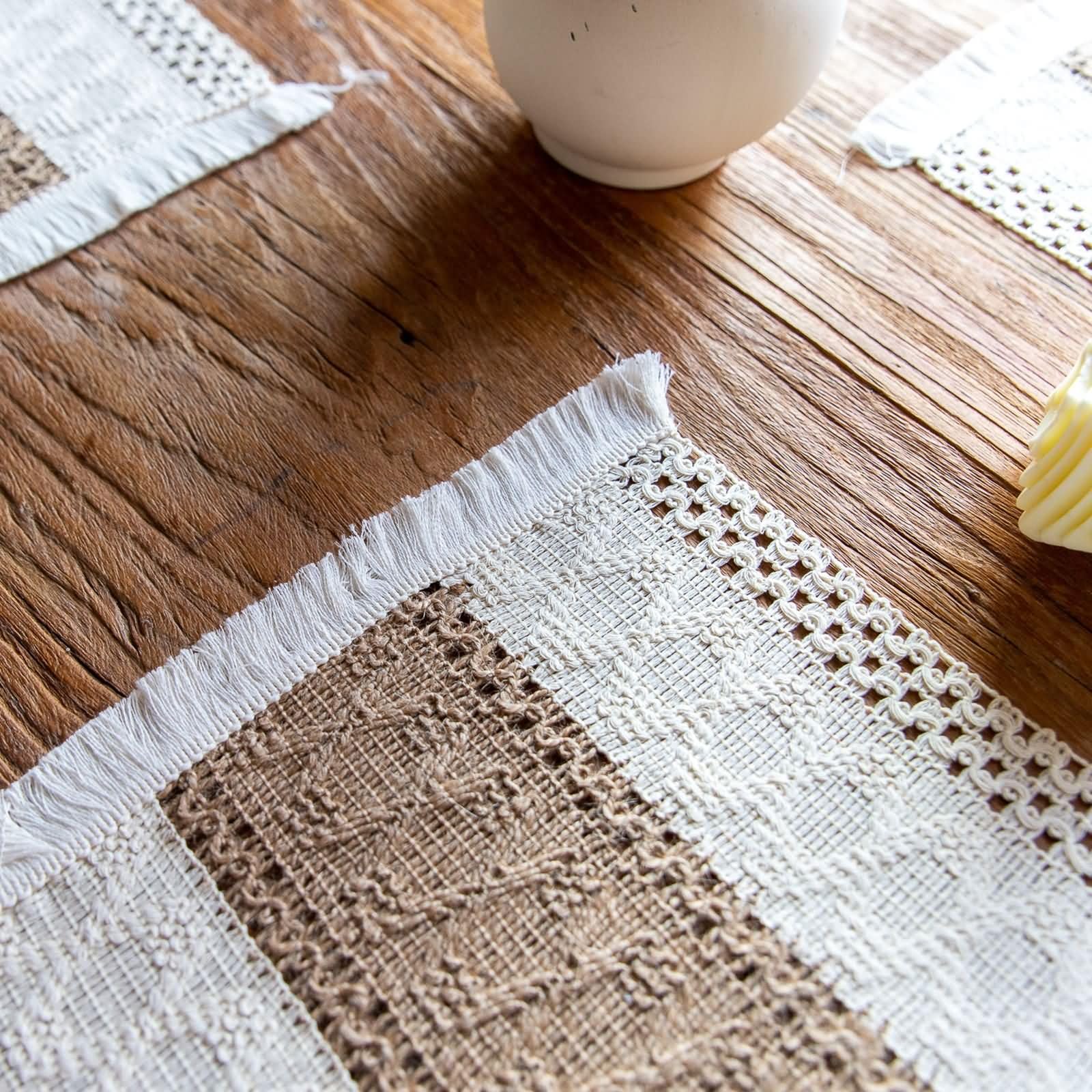 6er Tischsets, 30 x 50 cm Beige Braun Platzset Abwaschbar Leinen Baumwolle Rechteck, Rechteck mit Raute Gewebt und Quasten