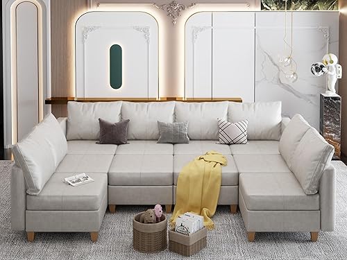 EASE MOOSE Modualr - Sofá modular en forma de U con otomanas de almacenamiento, sofá modular de piel sintética gris, blanco y Blanco