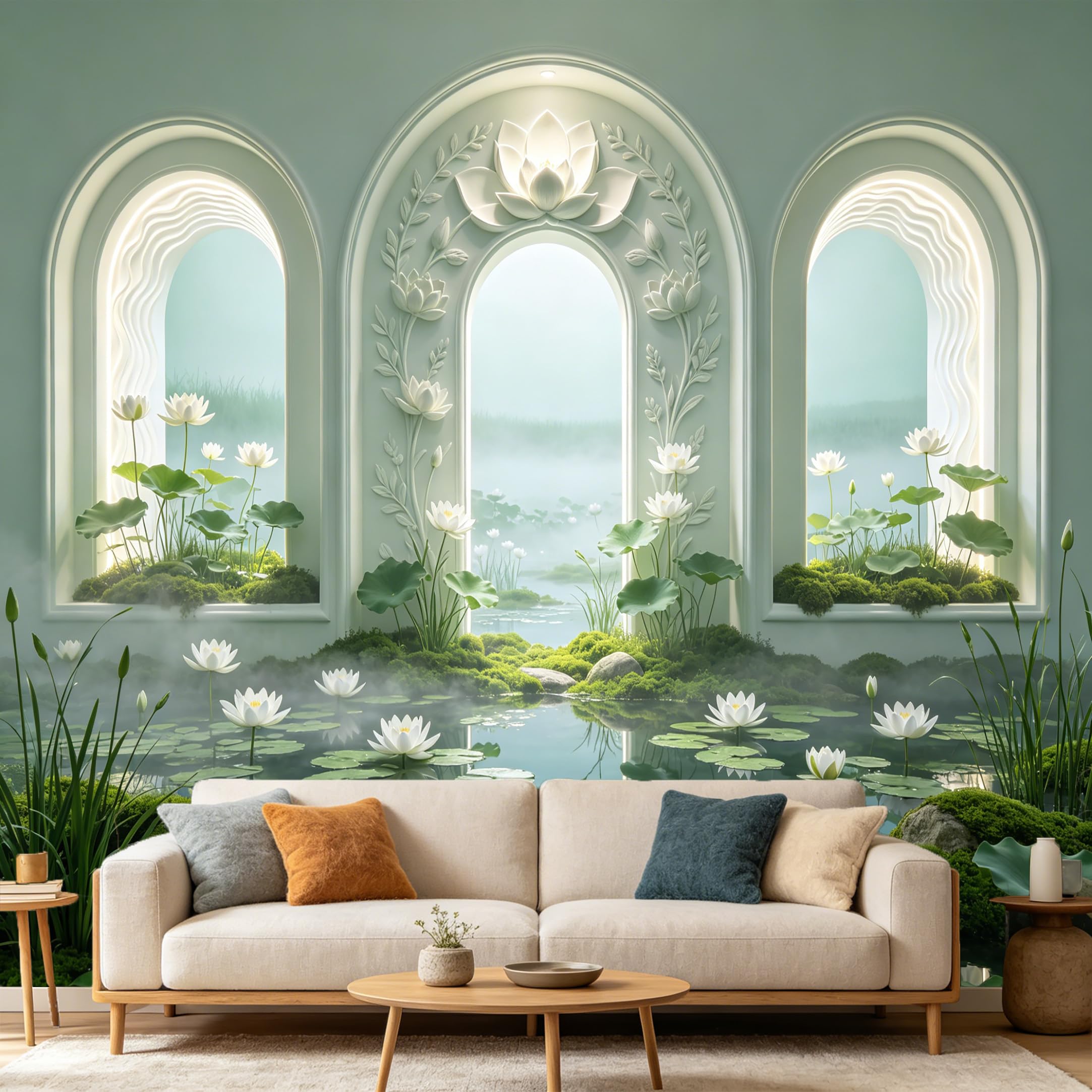 Custom Size Wall Mural， 3D White Lotus Flower Archway Pond Moss Stone Zen Nature， SelfAdhesive Art Prints wall Fabric Removable Large Wallpaper Home Living Room Decor