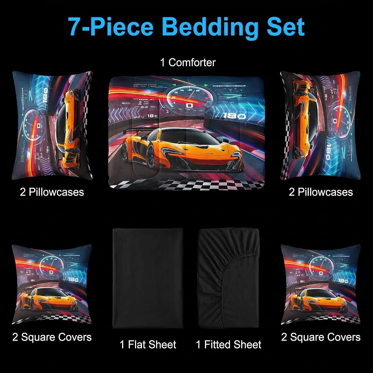 Feelyou Boys Race Car Twin Size 7 Piece Bedding Set - Kids Racing Car Comforter Set with Pillowcases, Flat Sheet, Fitted Sheet and Cushion Cover image 5