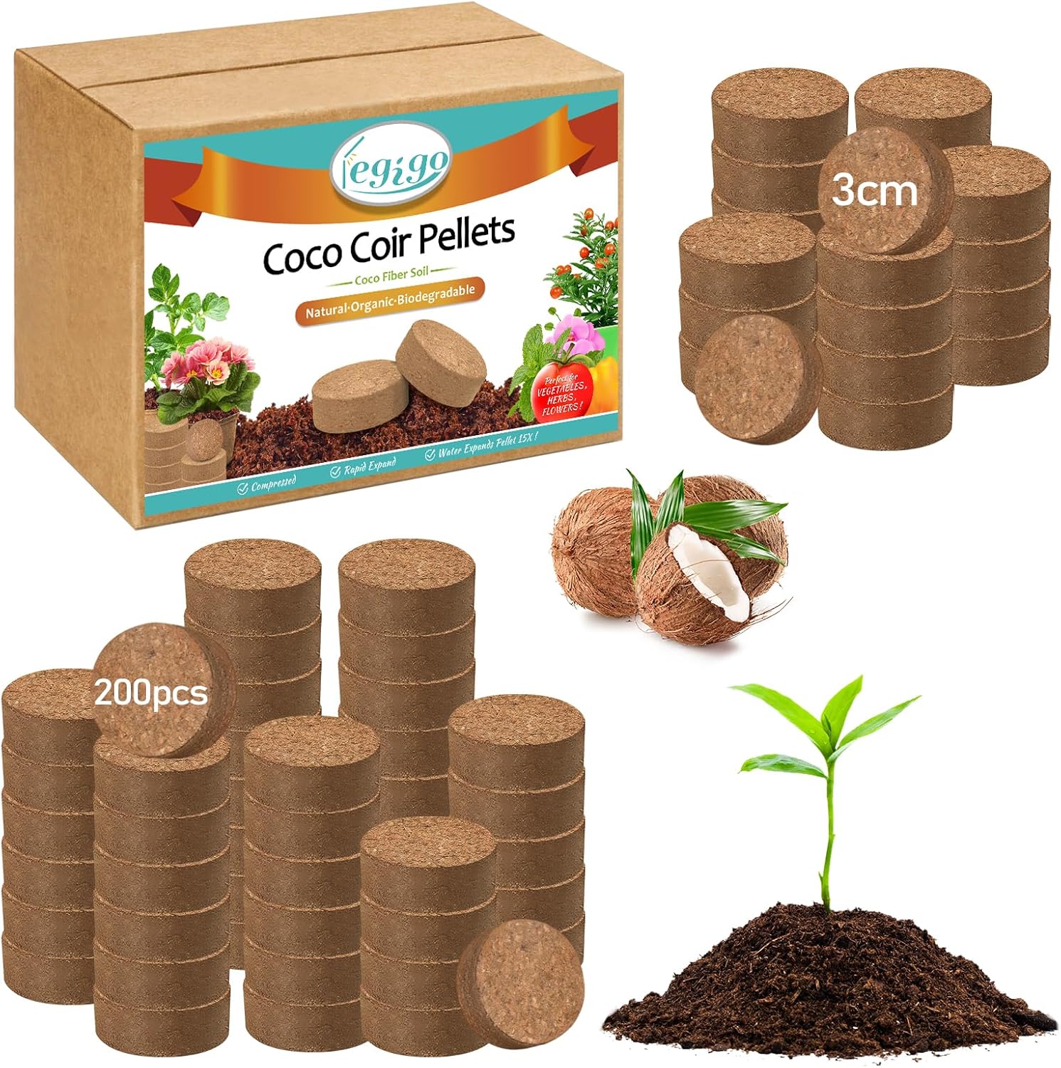 Legigo 200 PCS 40mm Coco Coir Pellets Potting Soil Mix- Compressed Coconut Coir Discs Seed Starting Soil Pellets, Coco Peat Soil Pods for Indoor & Outdoor Plants, Gardening Herbs Bonsai and Vegetables