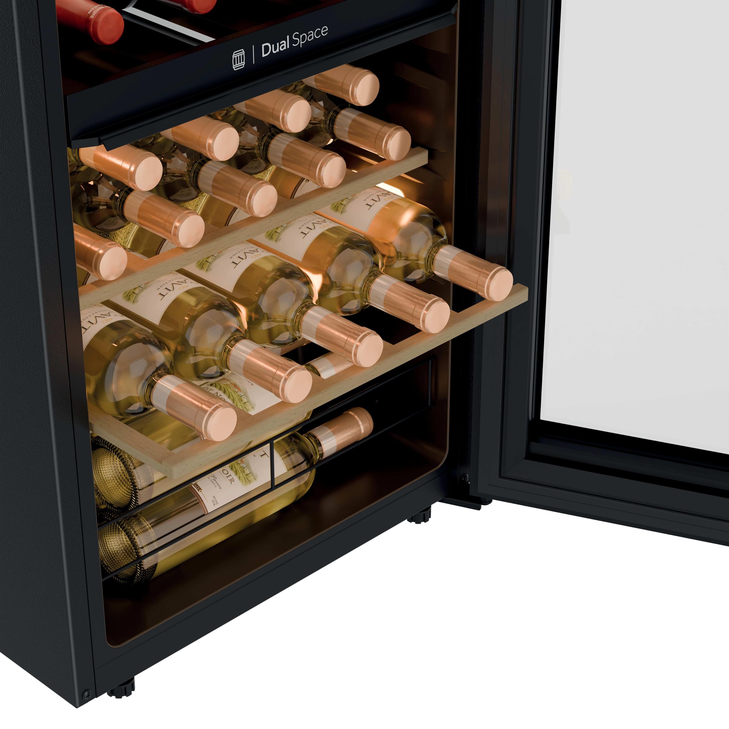 Haier Wine Bank 50 Series 5 HWS32GDG - Vetrina da 32 bottiglie, 2 zone indipendenti, ripiani in legno, filtro anti-UV, sistema anti-vibrazione, display digitale, illuminazione a LED, 37 dbA, nero