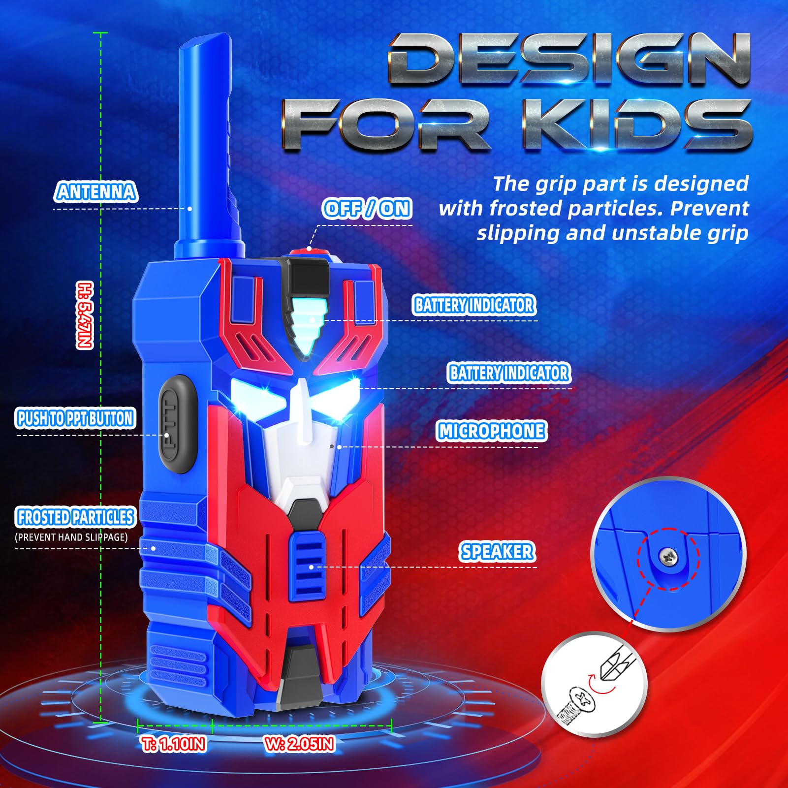 Transform Toys Walkie Talkies para niños, paquete de 2 robot líder azul, rango de 2500 pies, luces de ojos geniales para 3, 4, 5, 6, 7, 8, 9, 10 años, juguetes de campamento al aire libre, regalos de 6