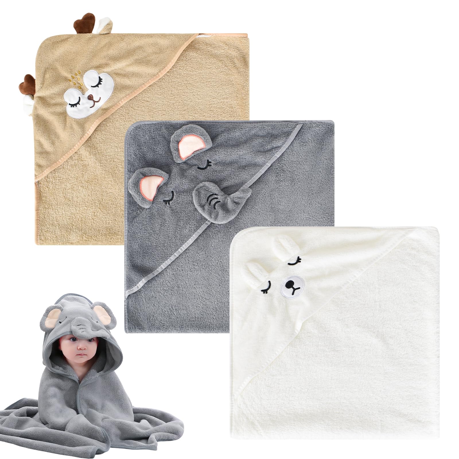 Serviette De Bain Bébé à Capuche - Lot 3 Pièces Animaux - 80x80 Cm - Polaire Douce