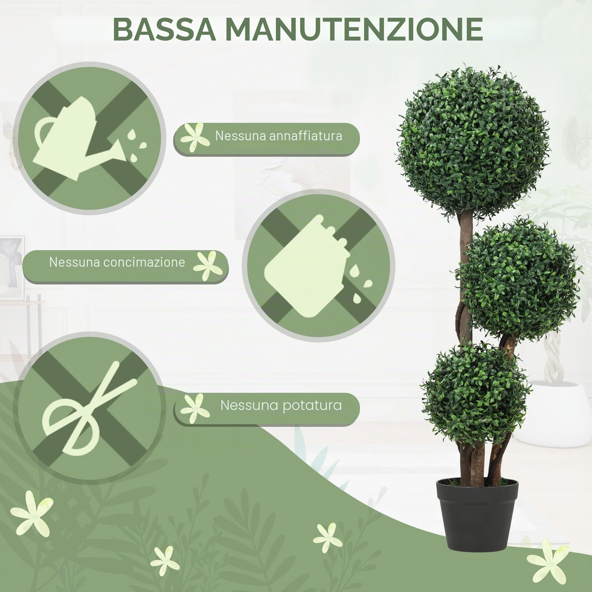 HOMCOM Palla di bosso artificiale 100cm tripla protezione UV | Pianta artificiale in plastica, tronco di legno in vaso, realistico, per soggiorno/camera da letto/ufficio/giardino