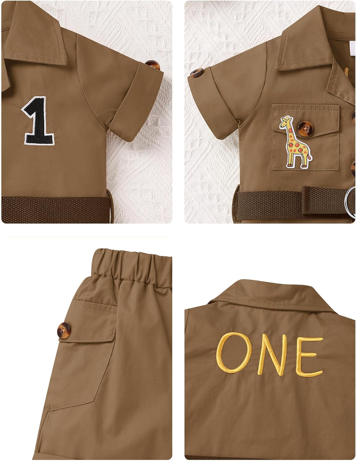 IBTOM CASTLE Baby Boy Safari Outfit First Birthday Jungle Explorer Shirt + Shorts + Hat + Bandana for Cake Smash Photoshoot - Image 5