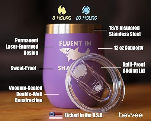 Miniatura 9 de Bevvee Fluent in Sharkasm - Vaso de vino divertido tiburón con tapa corrediza - Taza aislada de acero inoxidable - Lindos regalos de decoración de