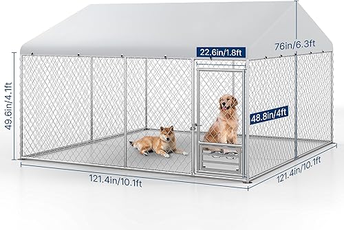 Miniatura 2 de Perrera para perros XL de 10 x 10 pies  Perrera exterior con techo, perreras cubiertas con puerta de alimentación, recinto para perros al aire libre