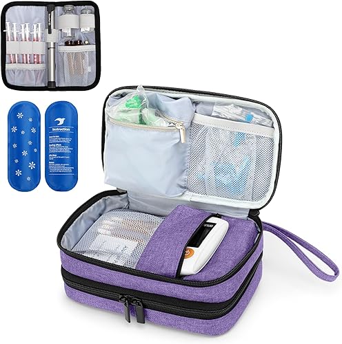 LUXJA Estuche de viaje de insulina con 2 paquetes de hielo, funda de viaje para diabetes de doble capa para medidor de glucosa y otros suministros
