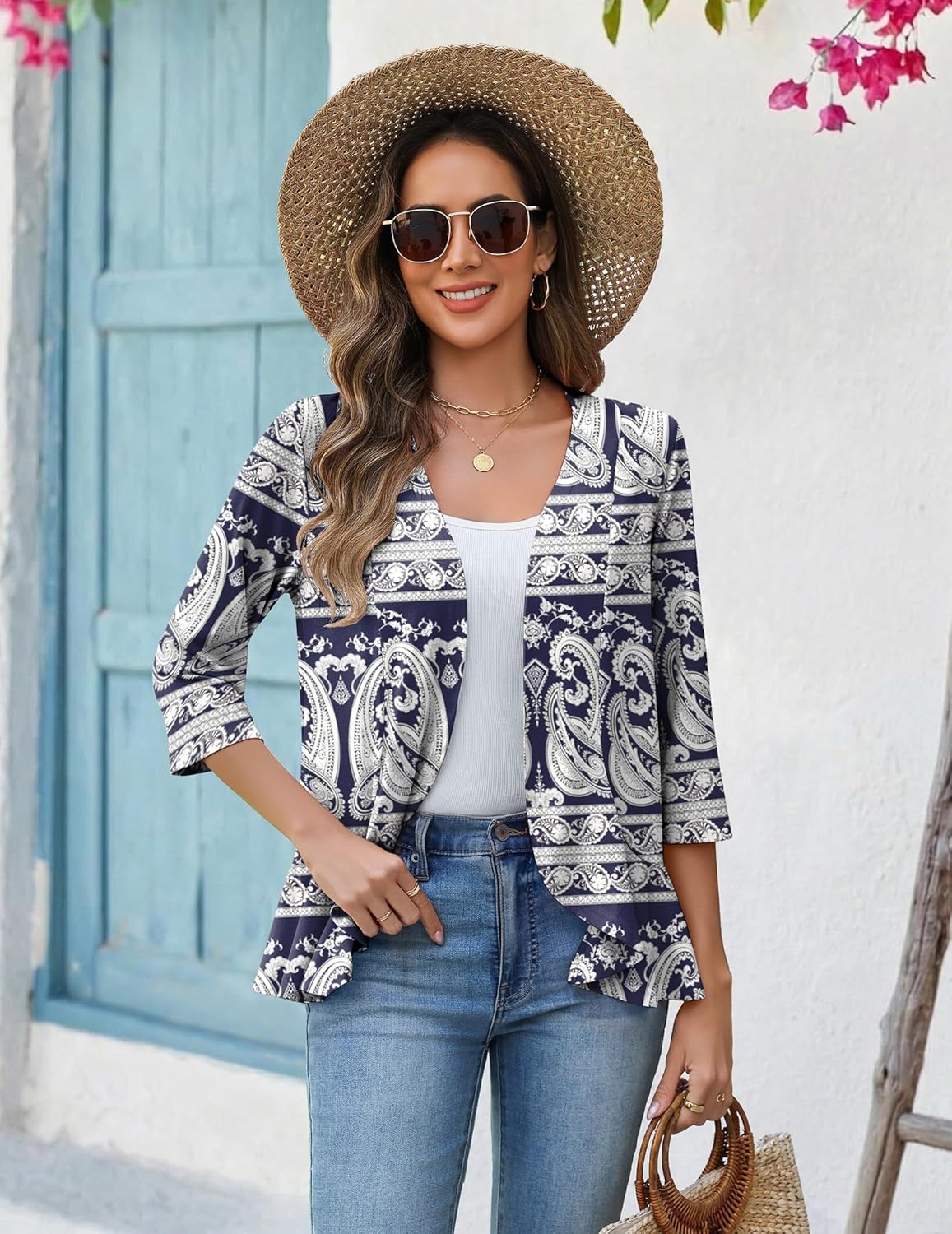 Zeagoo Women's 2026 Summer 3/4 Sleeve Lightweight Cardigans Sweaters Open Front Draped Ruffles Kimono Coverups - Image 3