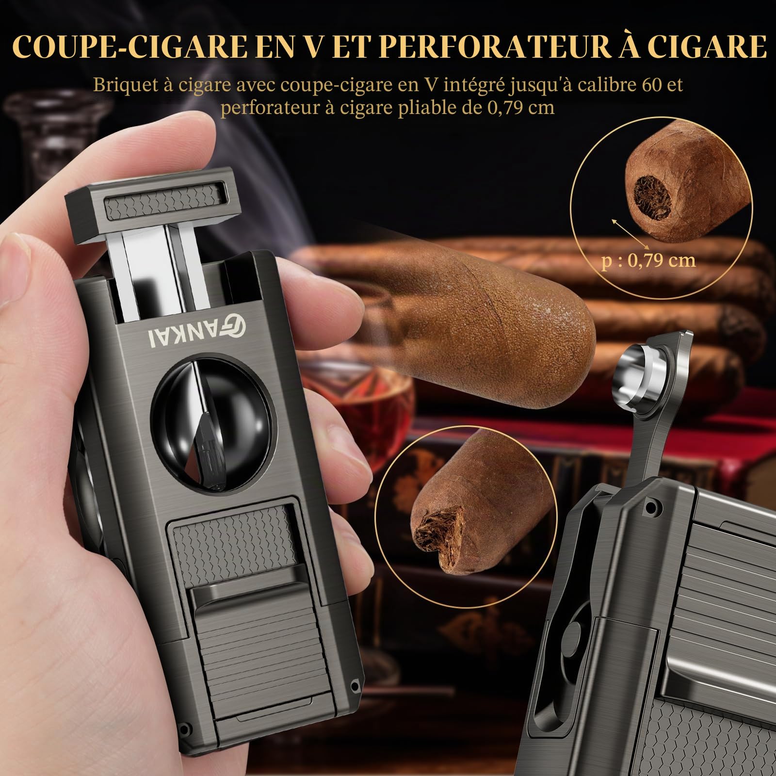 Allume-cigare, briquet à cigarettes 5 en 1 avec emporte-pièce en V, poinçon à cigarettes, support à cigares, jeu de poker à cigarettes, briquet au butane, flamme double jet, cadeau de