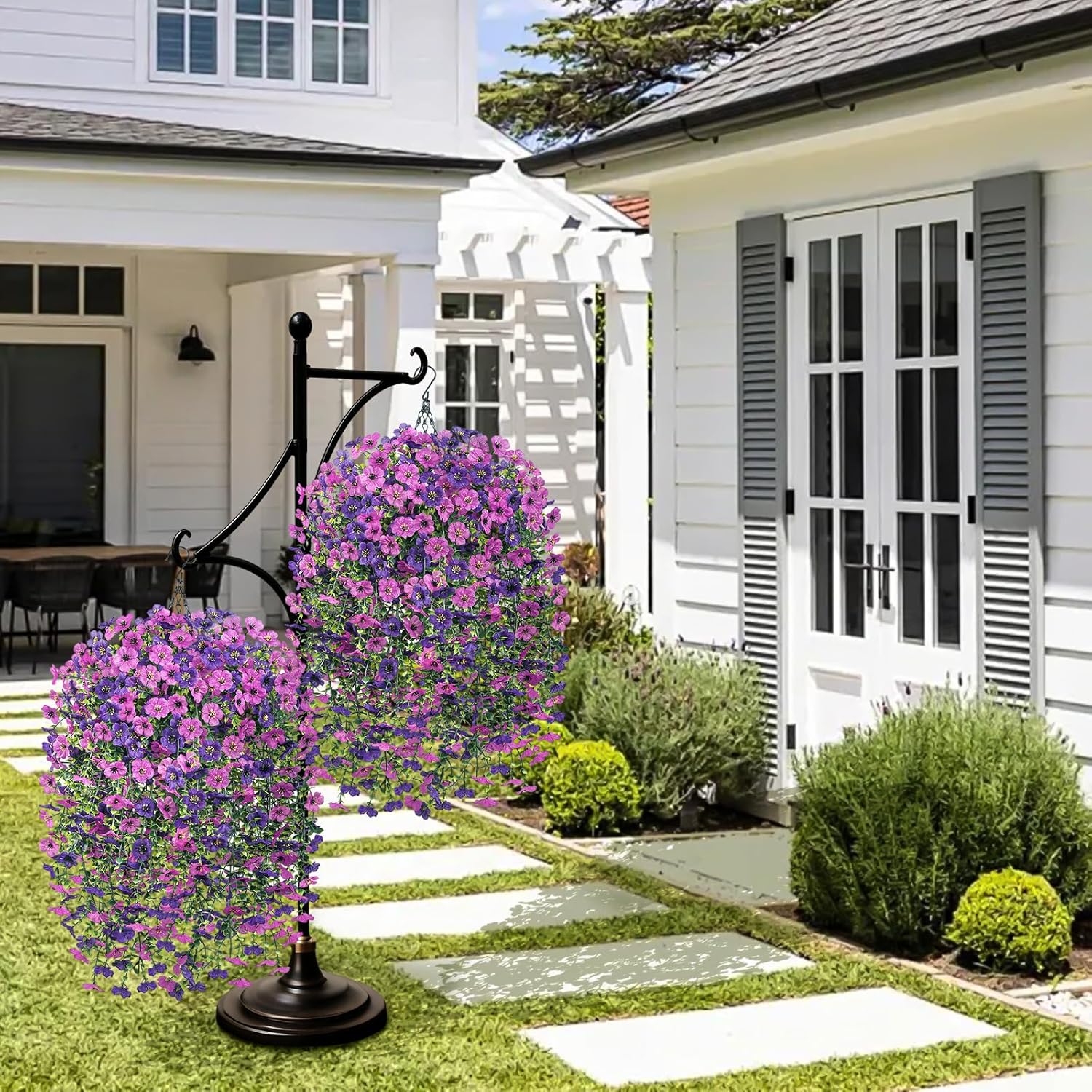 Artificial Hanging Flowers with Basket for Outdoor, 4pcs UV Resistant Silk Fake Daisy Flowers, Faux Flower Plants Hanging Basket for Spring Garden Porch Patio Yard Decorations (Purple-Lotus)