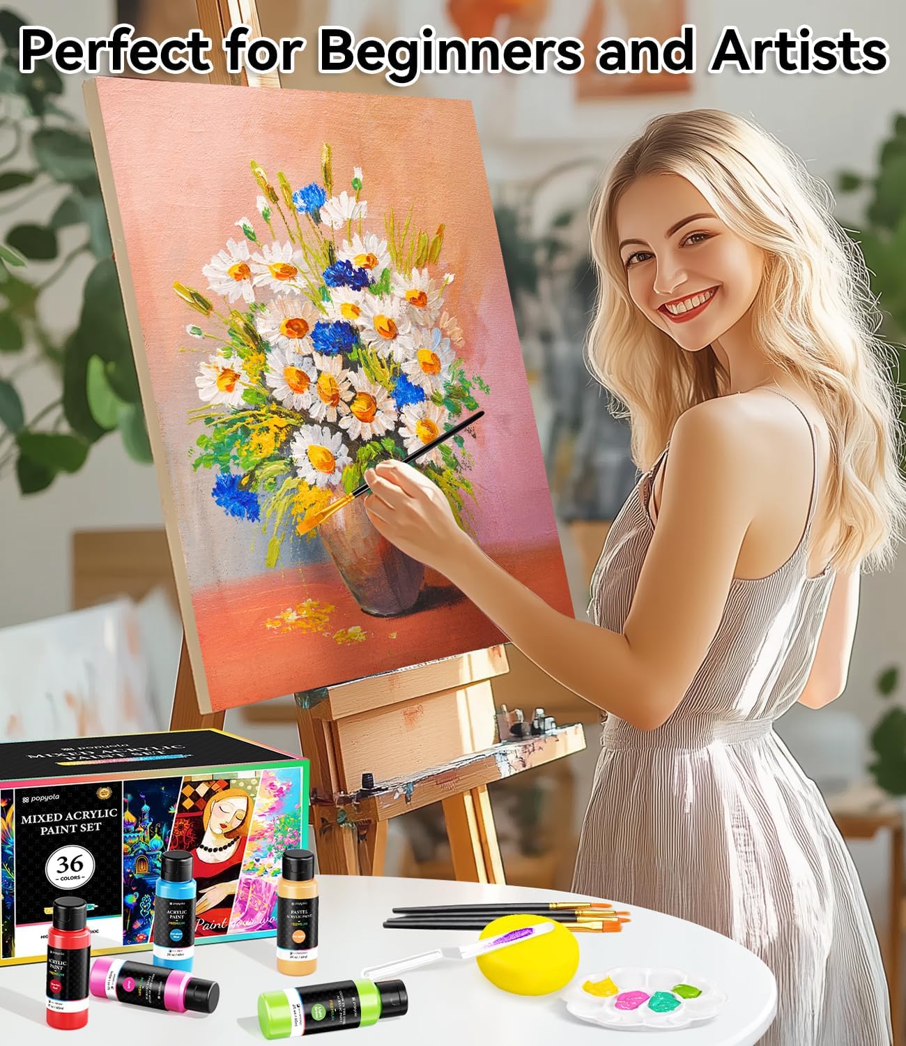 52 PCS Classic & Pastel & Glow in the Dark Acrylic Paint Set with 12 Brushes, 2 Knives & Palette, 36 Colors Art Craft Paint for Beginners, Canvas Ceramic Rocks Wood Painting Kit Art Supplies