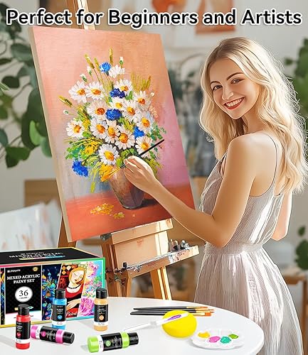 Miniatura 68 de POPYOLA Juego de 40 piezas de pintura acrílica con 12 pinceles, 2 cuchillos, paleta y esponja, 24 colores (2.3 onzas líquidas, 2 onzas), pintura