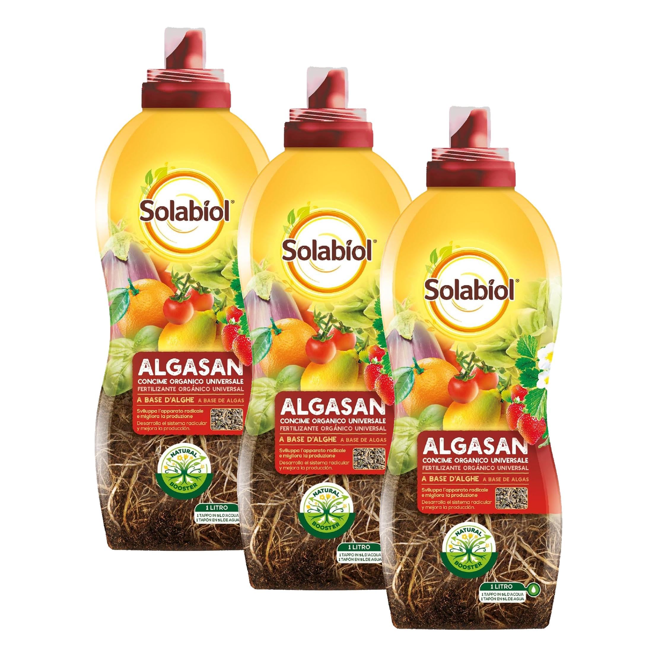 Solabiol Algasan, Concime Liquido Biologico Universale a Base di Alghe Brune con Tecnologia Natural Booster, 1L (Confezione da 3)