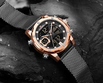 NAVIFORCE Men's Digital Watch Stainless Steel Mesh Band Sport Waterproof Watch with Alarm Military Dual Time Watch, Rose Gold Black, Digital