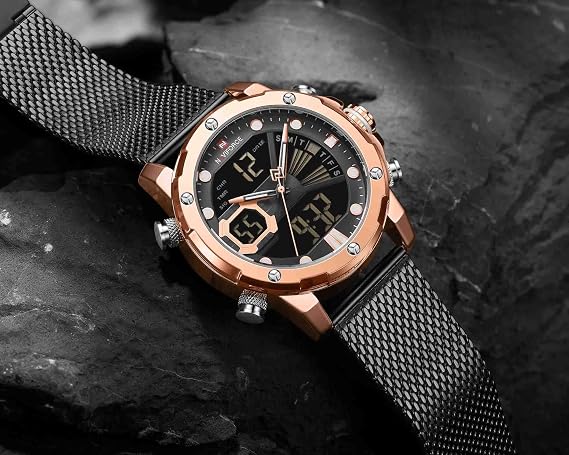 NAVIFORCE Men's Digital Watch Stainless Steel Mesh Band Sport Waterproof Watch with Alarm Military Dual Time Watch, Rose Gold Black, Digital