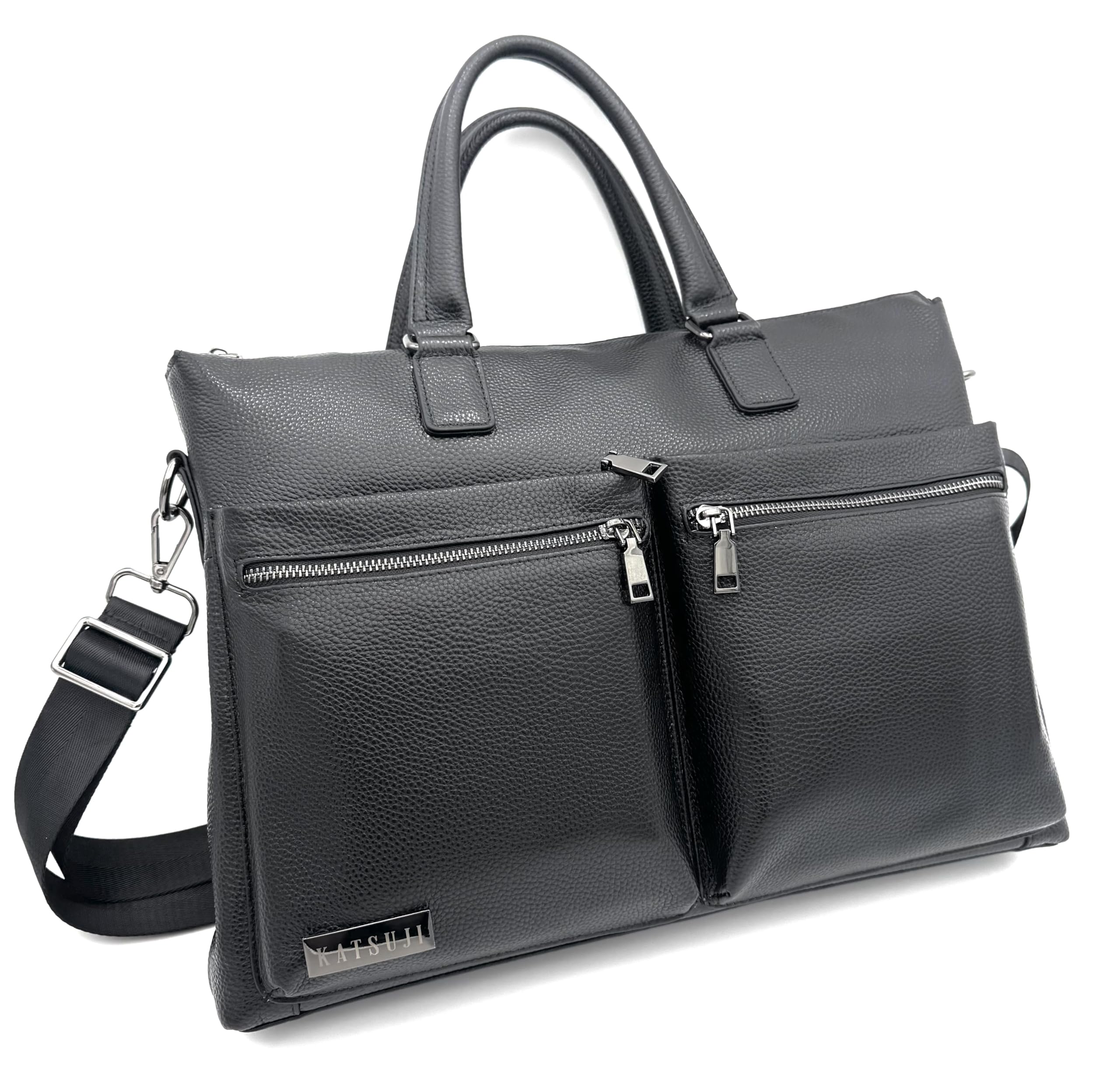 Katsuji Premium Luxury Leather Office Messenger Bag Includes an adjustable shoulder strap multiple zipper pockets and a laptop