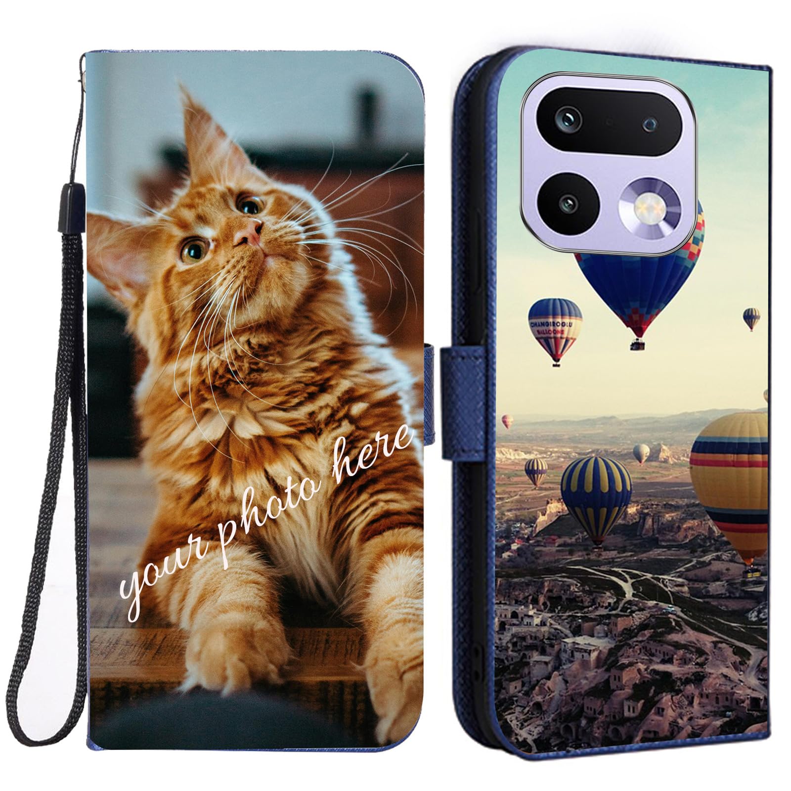 Personalized Leather Wallet Flip Phone Case for Realme 16 Pro,Custom Picture Image Name on Leather Flip Stand Cover Shockproof Protection for 16 Pro Case-Blue-K1