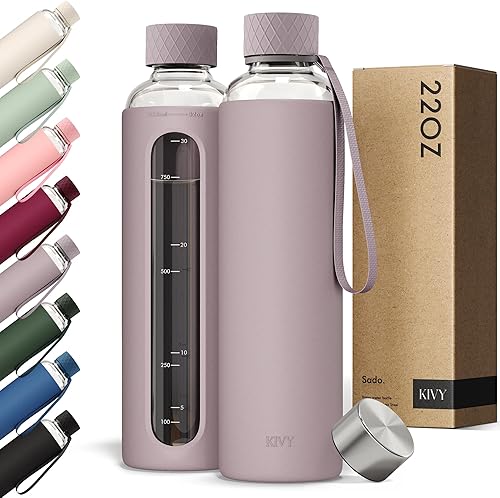 Miniatura 14 de KIVY Botella de agua de vidrio con funda de silicona de 32 onzas [CON medidas] – Botella de agua de vidrio de borosilicato con tapa de rosca