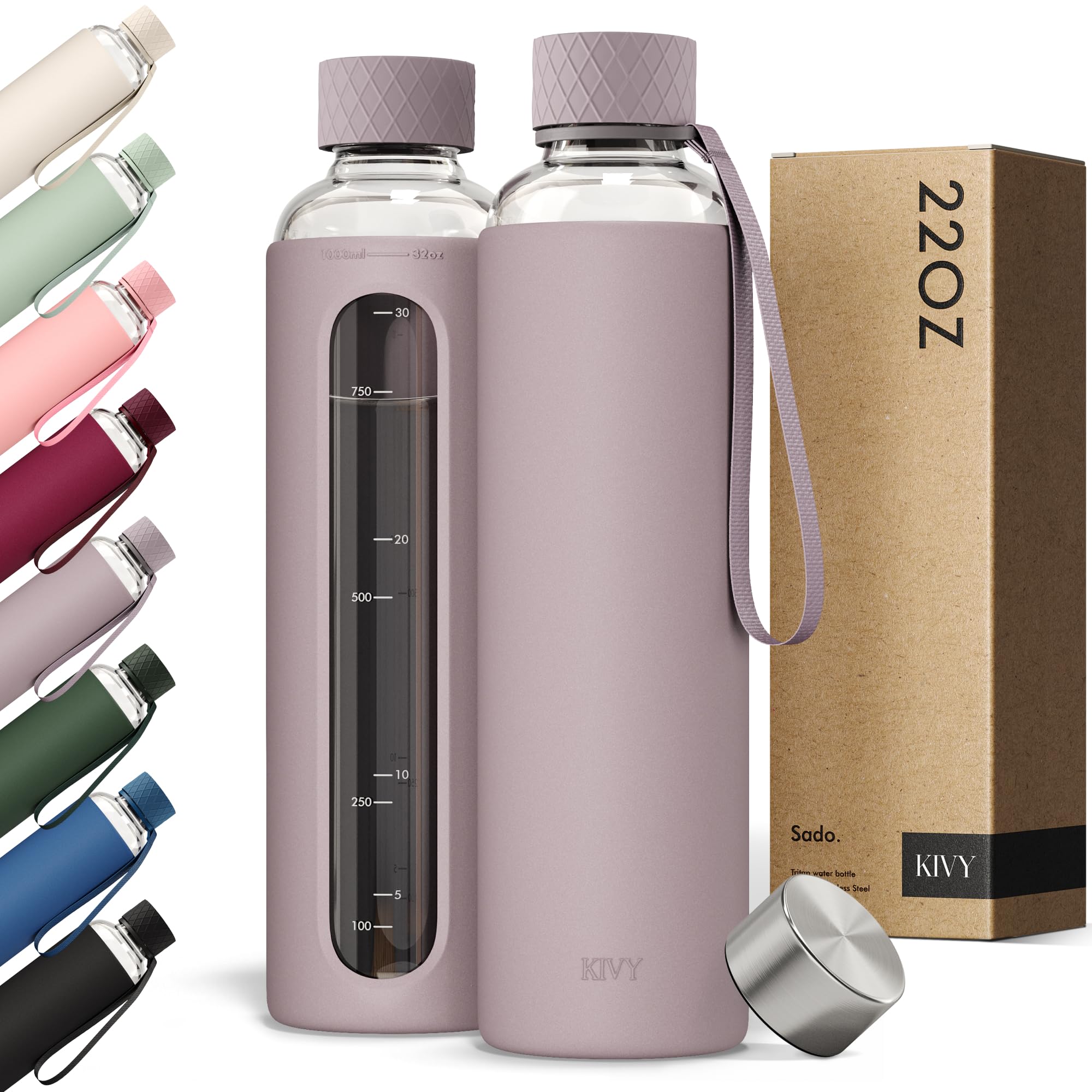 KIVY Glass Water Bottle with Silicone Sleeve 22 oz [WITH MEASUREMENT] - Borosilicate Glass Water Bottle Screw Top - Clear Bottles with Measurement Marking - Slim Waterbottle Aesthetic - Taupe