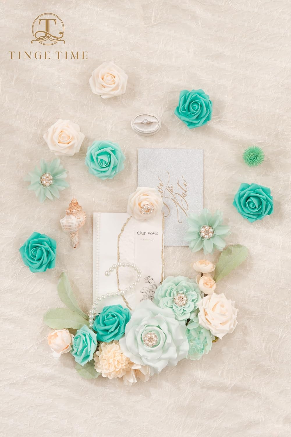 TINGE TIME Artificial Flowers Combo Mix Silk Flowers Teal Green Roses w/stem for DIY Wedding Bridal Bouquets Baby Shower Floral Arrangement Table Centerpieces Home Decorations (TealGreen&Champagne) - Image 2