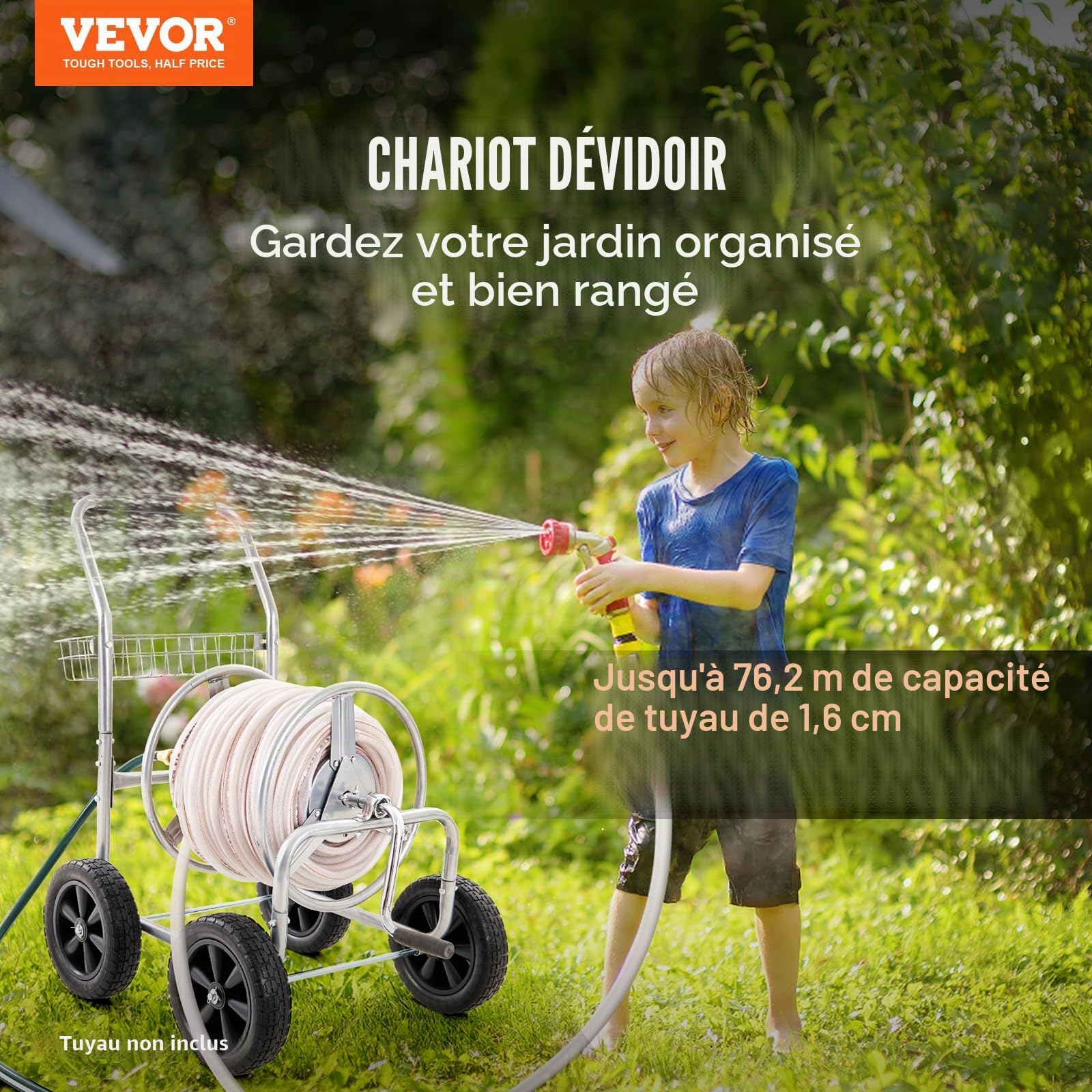 VEVOR Chariot enrouleur de tuyau, capacité du tuyau d'eau 1,5 cm et 76 m, outils mobiles avec 4 roues, plantation extérieure acier revêtement en poudre panier de rangement, pour jardin, cour, pelouse