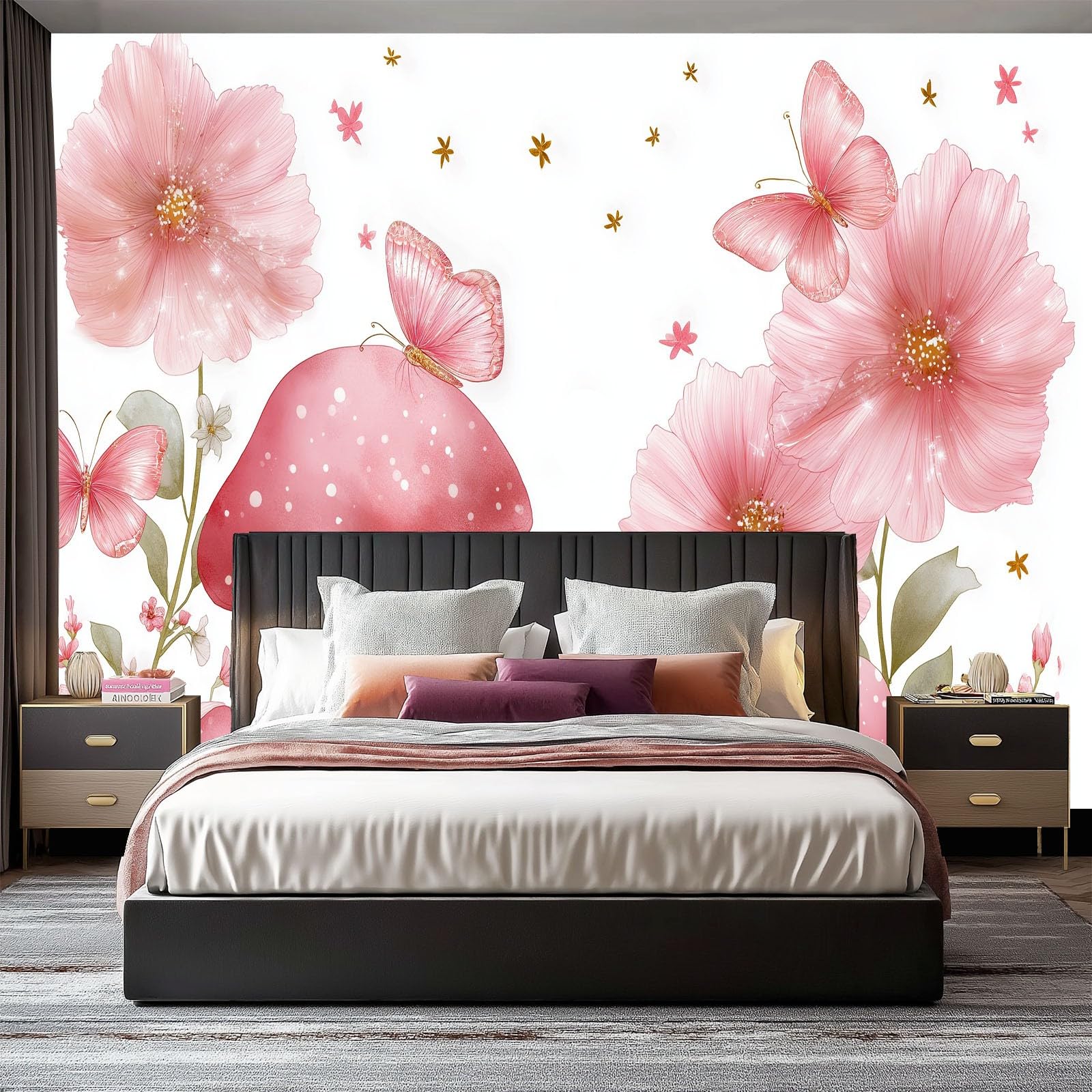 Tapeta dziecięca Kreskówka Kwiaty Mural Motyl Grzyb Domek 250 x 175 cm Włóknina Fototapety Dla Chłopca Dziewczyny-Nowoczesna Różowa Dekoracja Ścienna Do Salonu Sypialni