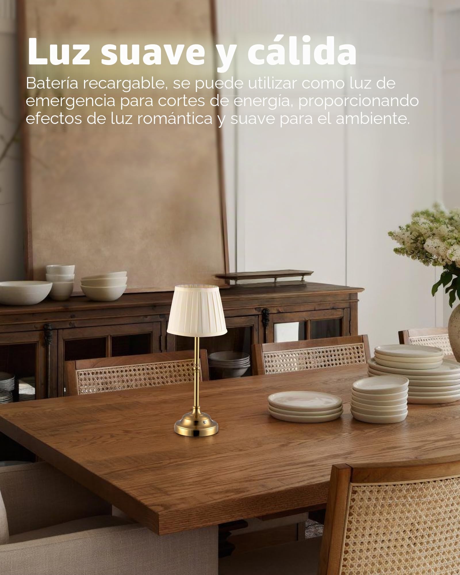 NEWSEE Lámpara de mesa inalámbrica recargable táctil, portátil, regulable, retro, funciona con pilas de 4000 mAh, adecuada para interiores, exteriores, bares, campamentos. (bronce + lámpara beige