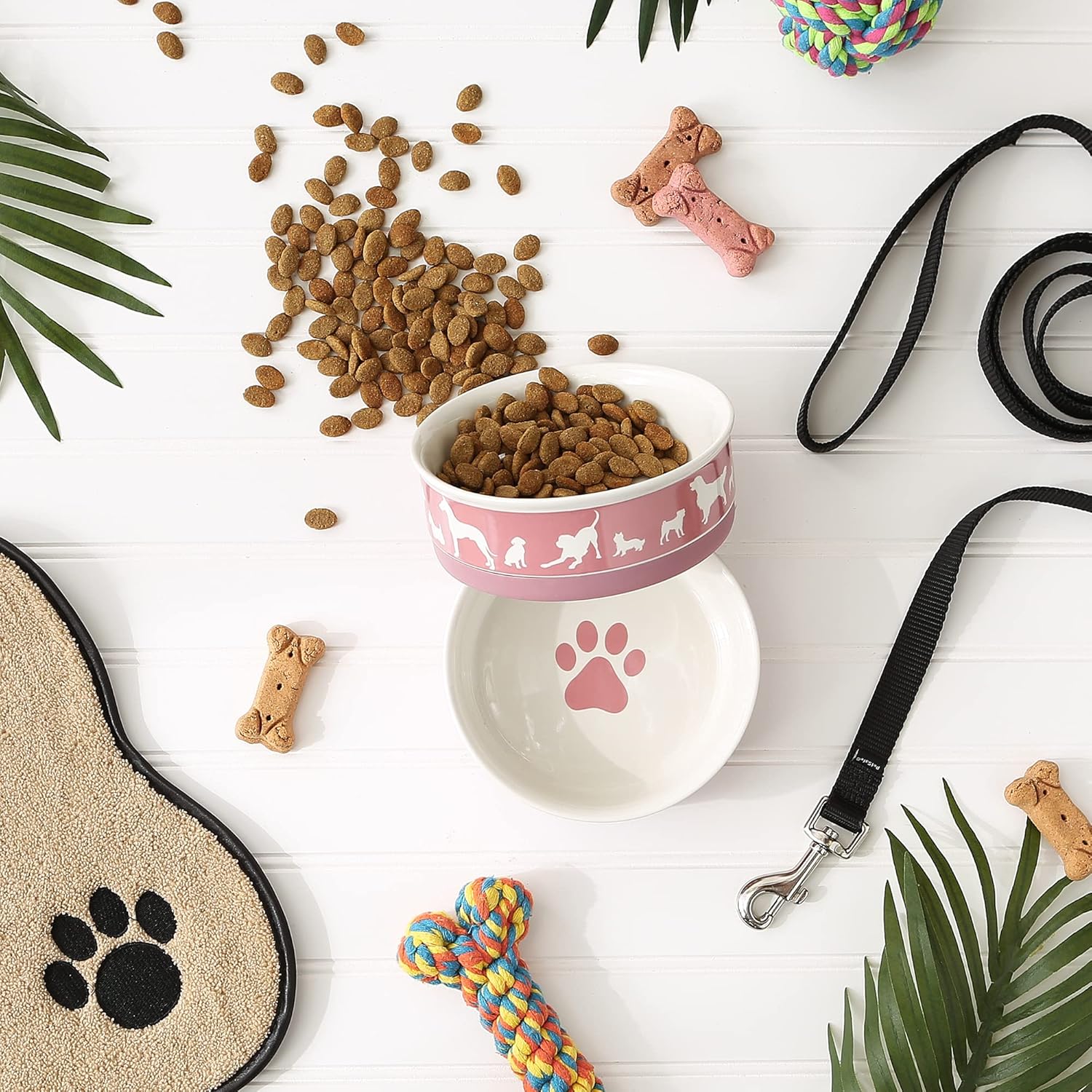 Bone Dry Ceramic Dog Food & Water Bowl Set, Removeable Non-Skid Ring Bottom, Microwave & Dishwasher Safe, Medium, 6x2, Rose, 2 Count