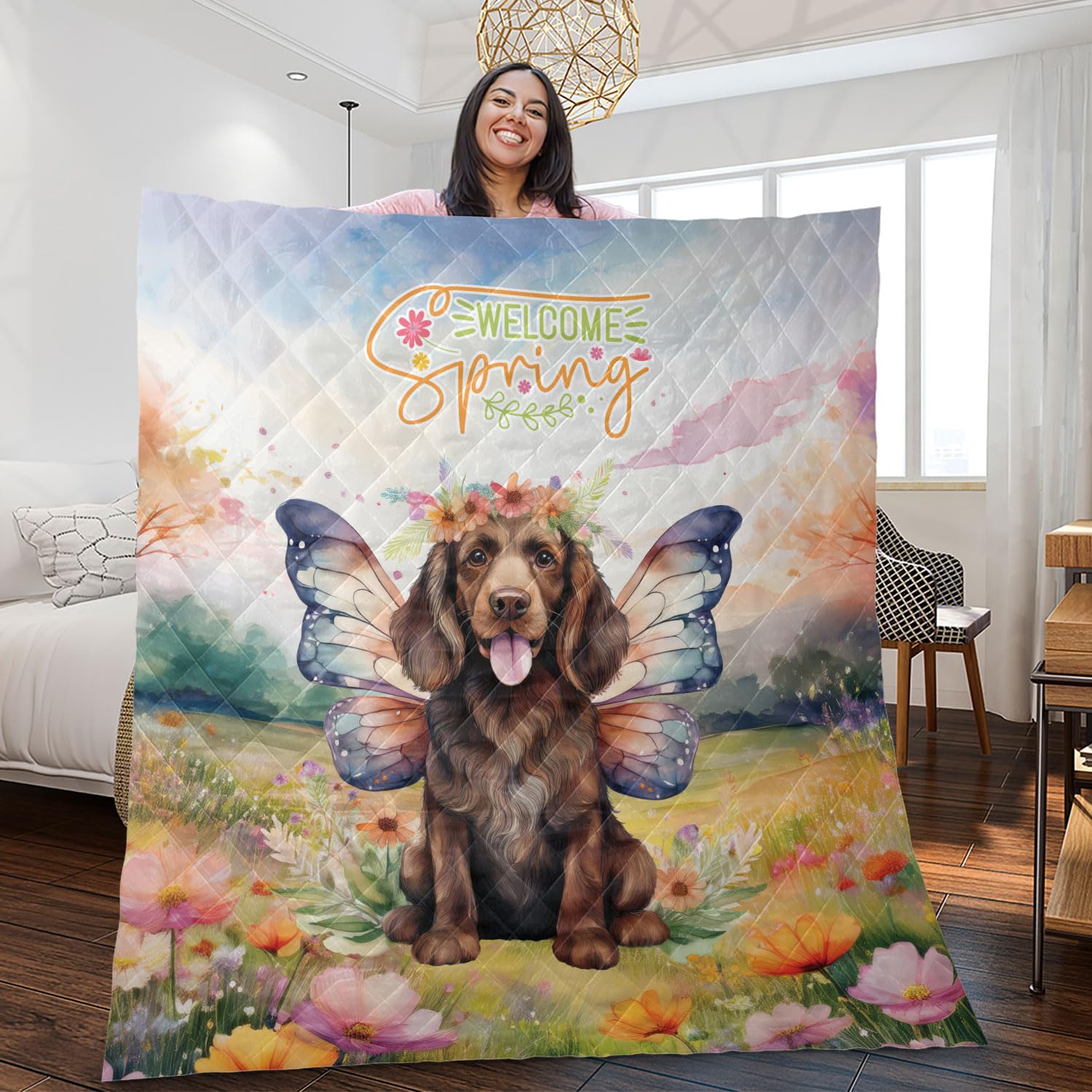 Ninety3POD Welcome Spring Fairy Boykin Spaniel in Flower Meadow Quilt Blanket Dog Lover Cozy Comforter Throw Blanket 13002