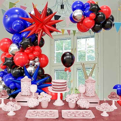 Miniatura 3 de Kit de arco de guirnalda de globos azules, rojos y negros, kit de arco de globos con globos plateados metálicos con globos de estrella para niños,