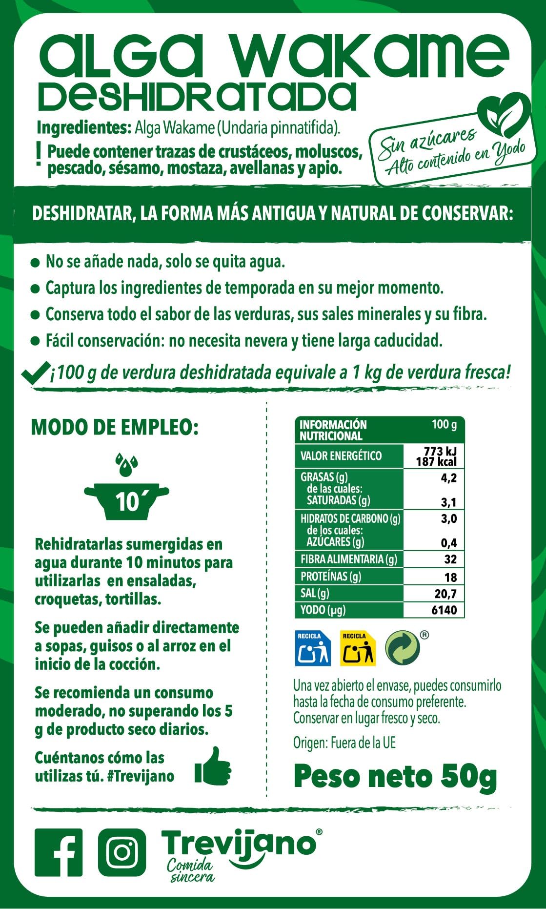TREVIJANO Alga Wakame Deshidratada 50g Pack de 7 Bolsas - Vegano Sin Gluten