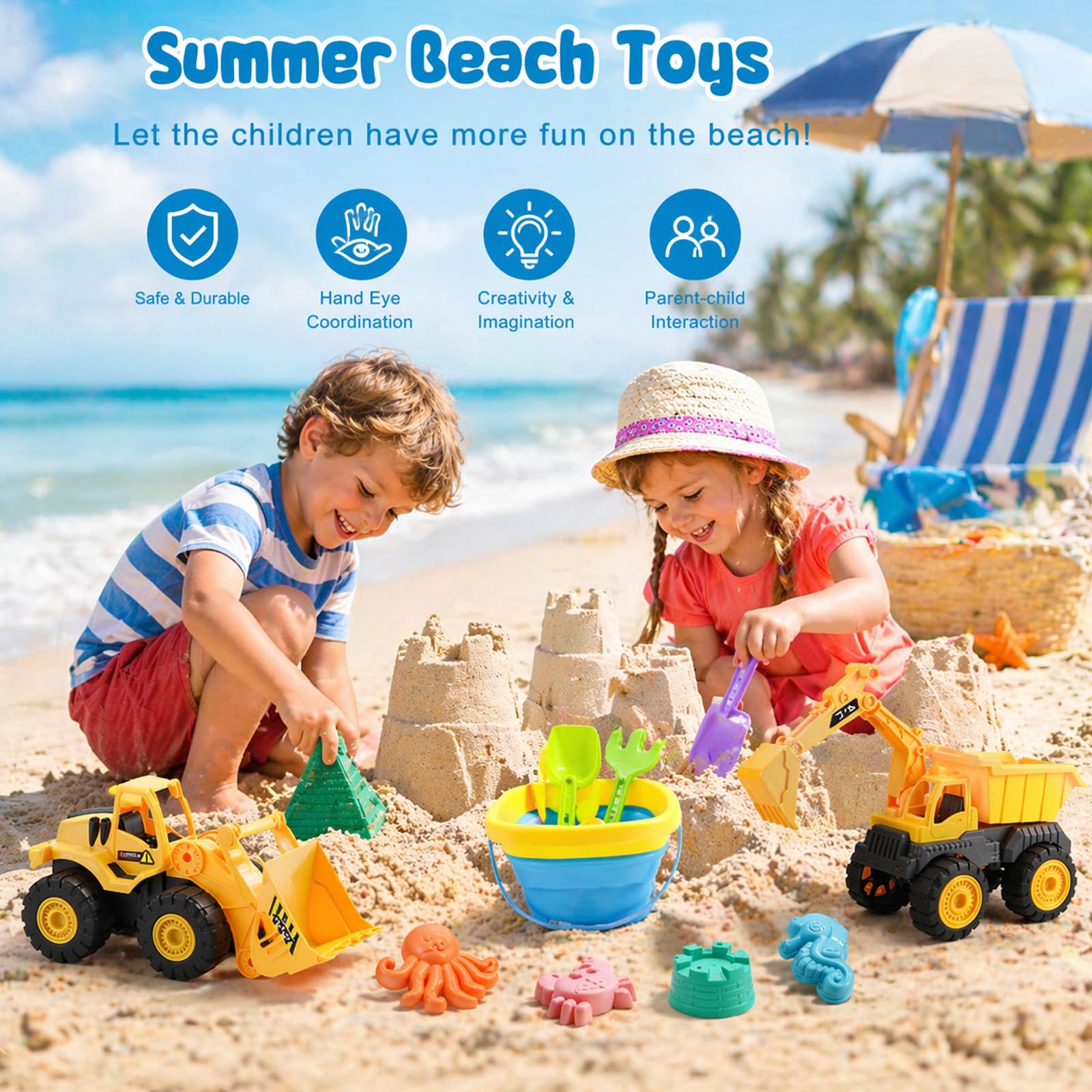 Qingning Juguetes Playa Juguetes de Arena para Niños- 22 Piezas, Juguetes para la Arena con Cubo Plegable, Excavadora, Bulldozer, Pala y Moldes, Bolsa de Malla, Kit de Juegos de Playa al Aire Libre