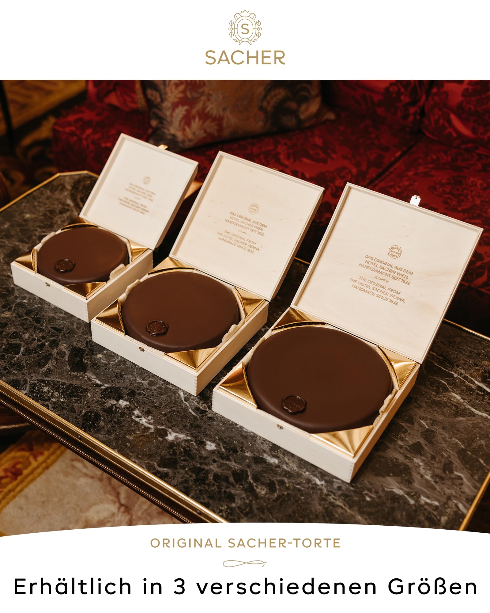 Original Sacher-Torte Large | 22 cm Durchmesser | 12 Portionen | Schokoladentorte mit Aprikosenmarmelade | 2 Marmeladenschichten | Süßes Meisterwerk