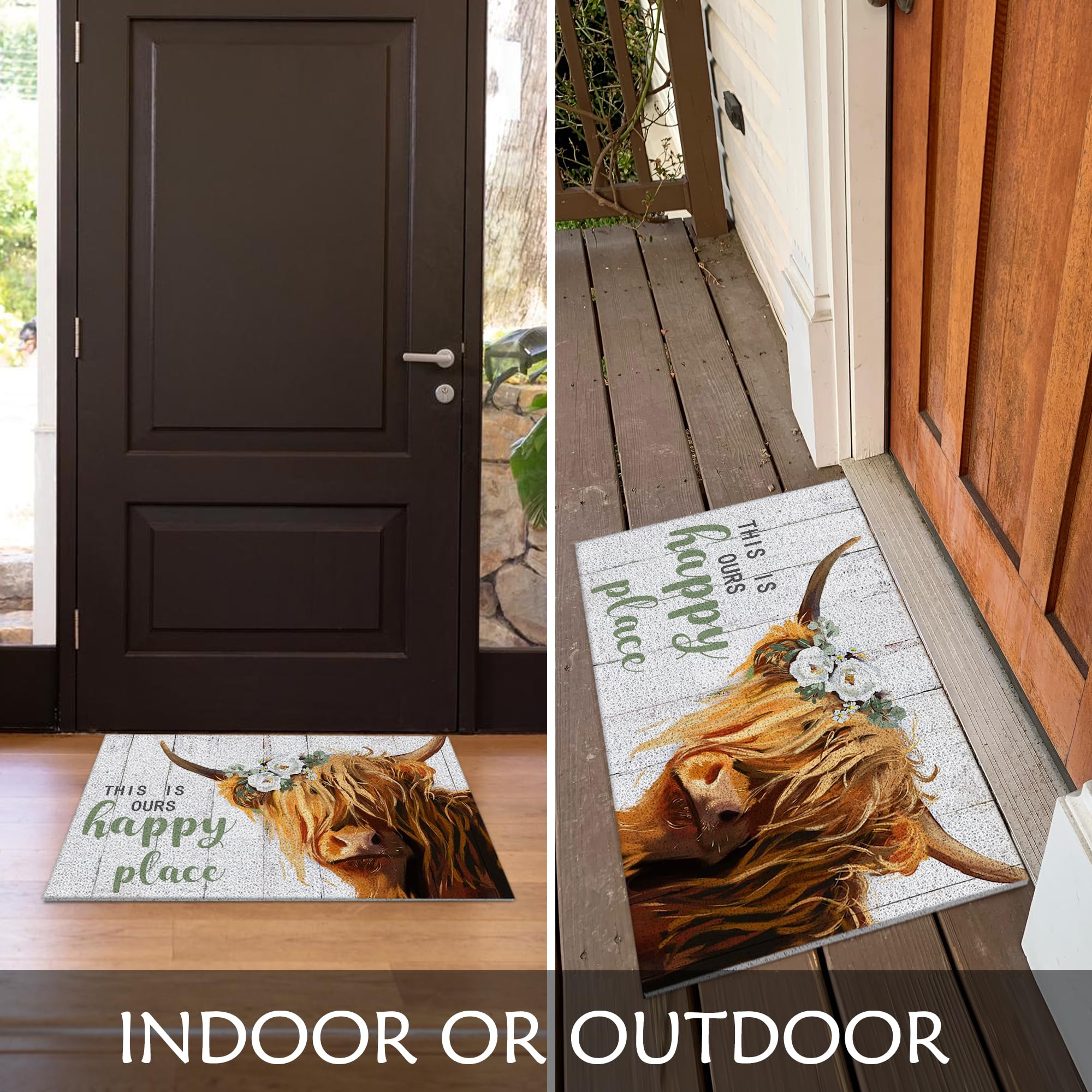 Retro Highland Cow Indoor Door Mat – Stylish 17x29.5in Non-Woven Fabric Floor Doormat with Floral Crown and Butterfly Design,for Porch