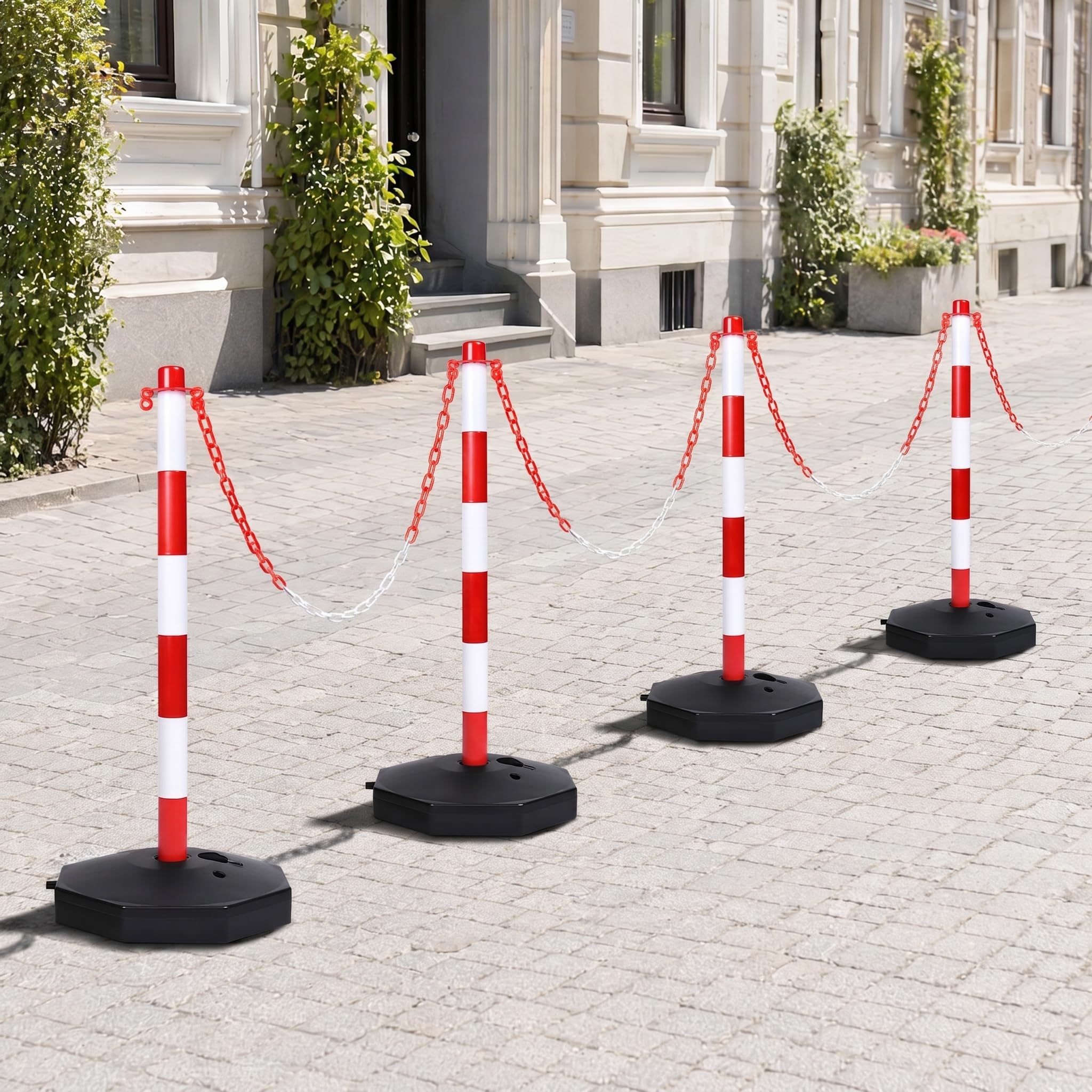 Zestaw 6 słupków z tworzywa sztucznego z paskami odblaskowymi, napełniana podstawa i łańcuch z tworzywa sztucznego dla stabilnych blokad, łatwy transport na parkingu, prowadzeniu osób i