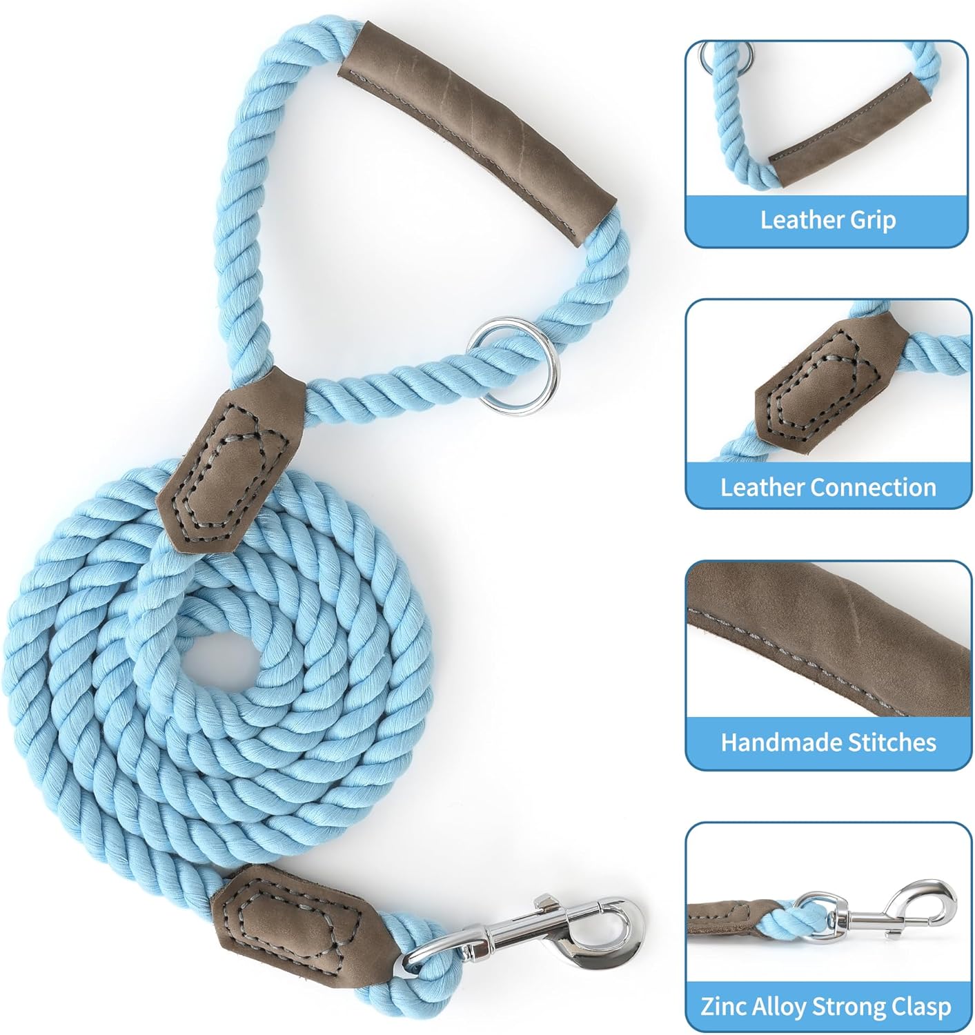 Mile High Life Dog Leash, Braided Cotton Rope Leashes with Leather Handle - Heavy Duty Metal Clasp, 6FT, 1/2" Thick - Wedding, Walking & Training Leash for Medium Large Dogs (Sky Blue)