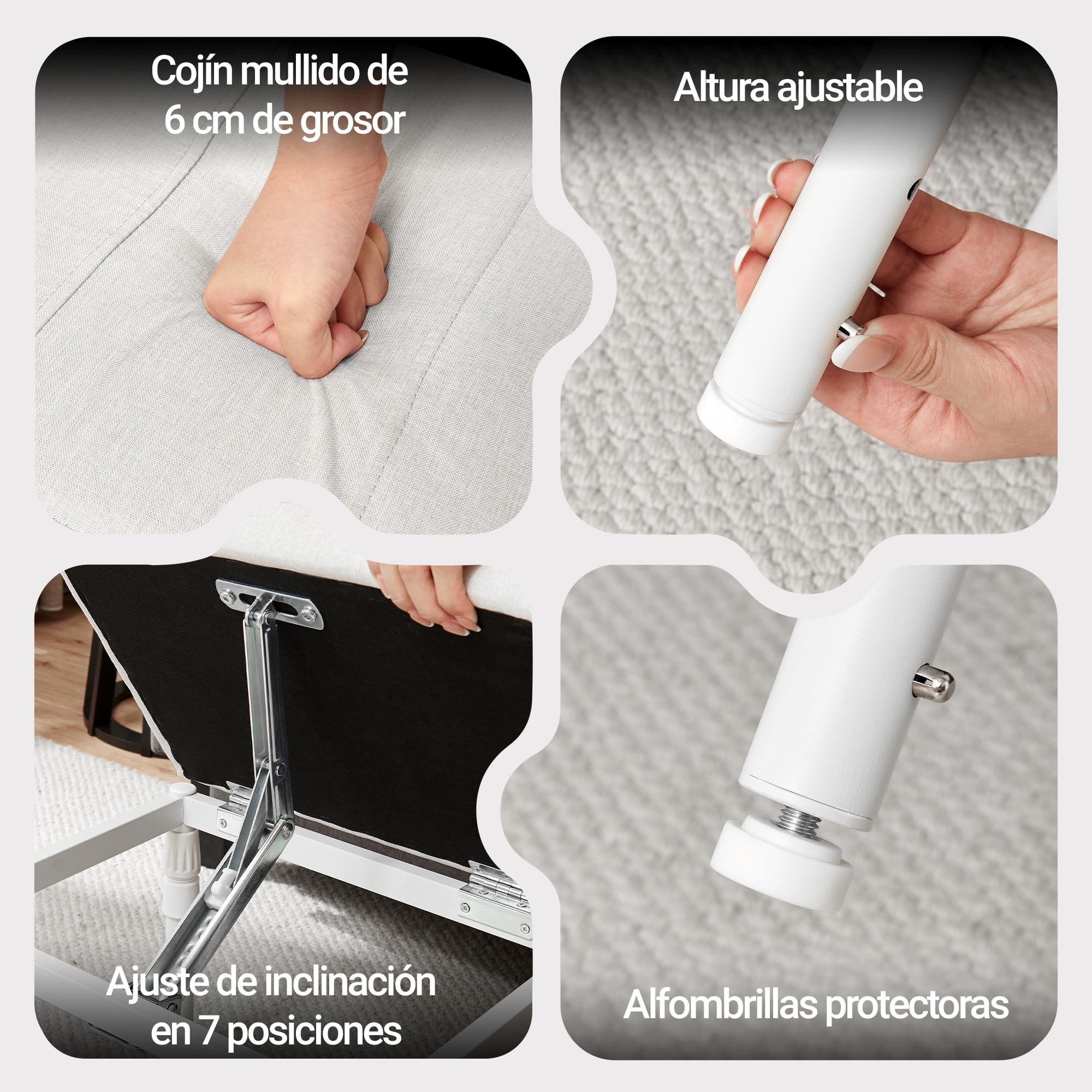 TIOPGHAD Reposapiés Ajustable para Escritorio, Taburete Otomano, Beige | 4 alturas, inclinación 60 grados, 28 posiciones, cojín de espuma de 6 cm, base metálica, para escritorio, sofá, cama, oficina