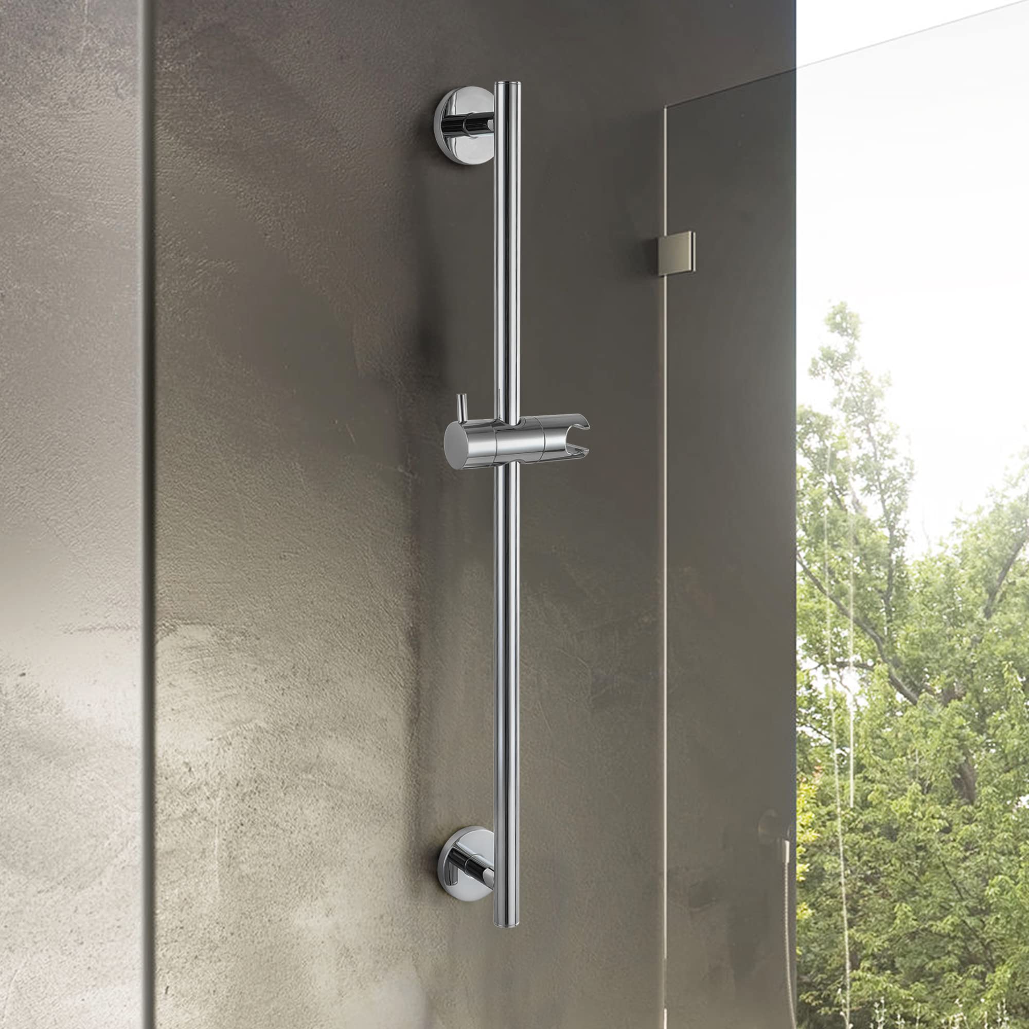 SKOWLL Barra para alcachofa de ducha para baño, 66 cm, montaje en pared, barra deslizante sin taladrar, con barra de ducha ajustable, cromo pulido