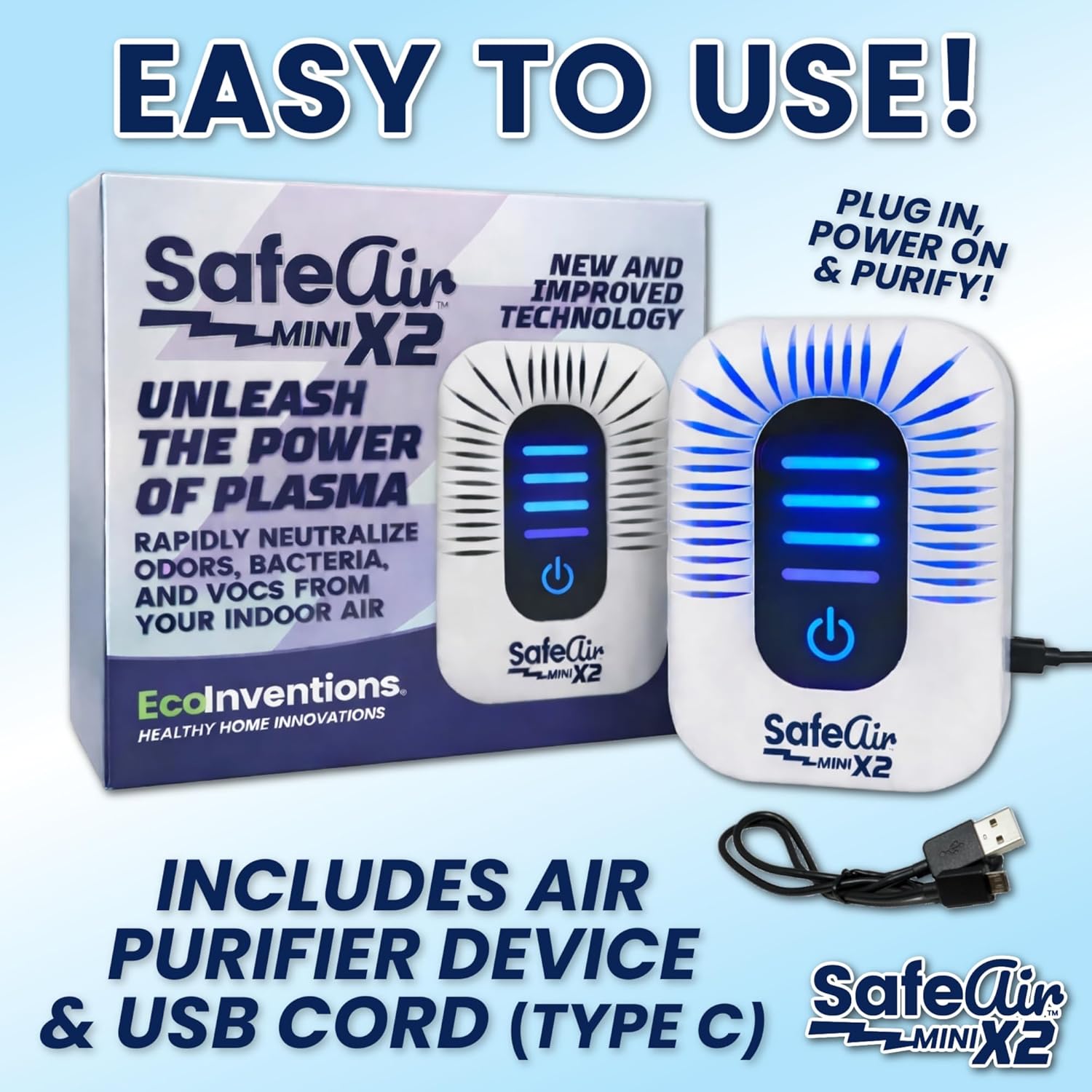 NEW 2026 SafeAir® X2 | PERFECT AIR | Multi-Settings USB | PLASMA, Ozone, Ionizer, Options | Rapidly Removes Pet Odors, Smoke & More | Covers 650Sq.ft | No Filters | Fresh Rain Smell