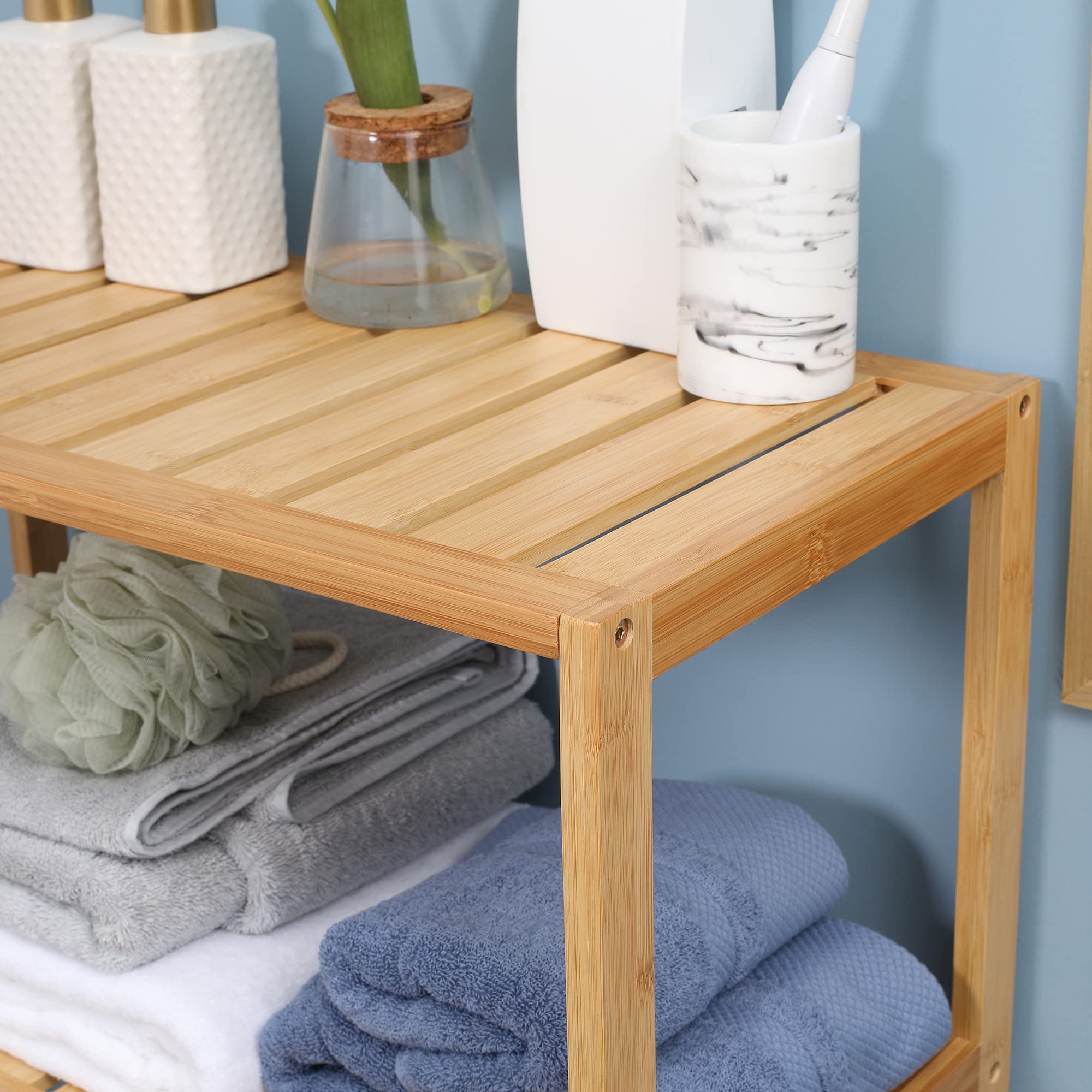 kleankin Mobiletto Bagno con 2 Ripiani Aperti e Armadietto a 2 Ante, Mobile Salvaspazio in Bambù 60x30x120cm, Naturale