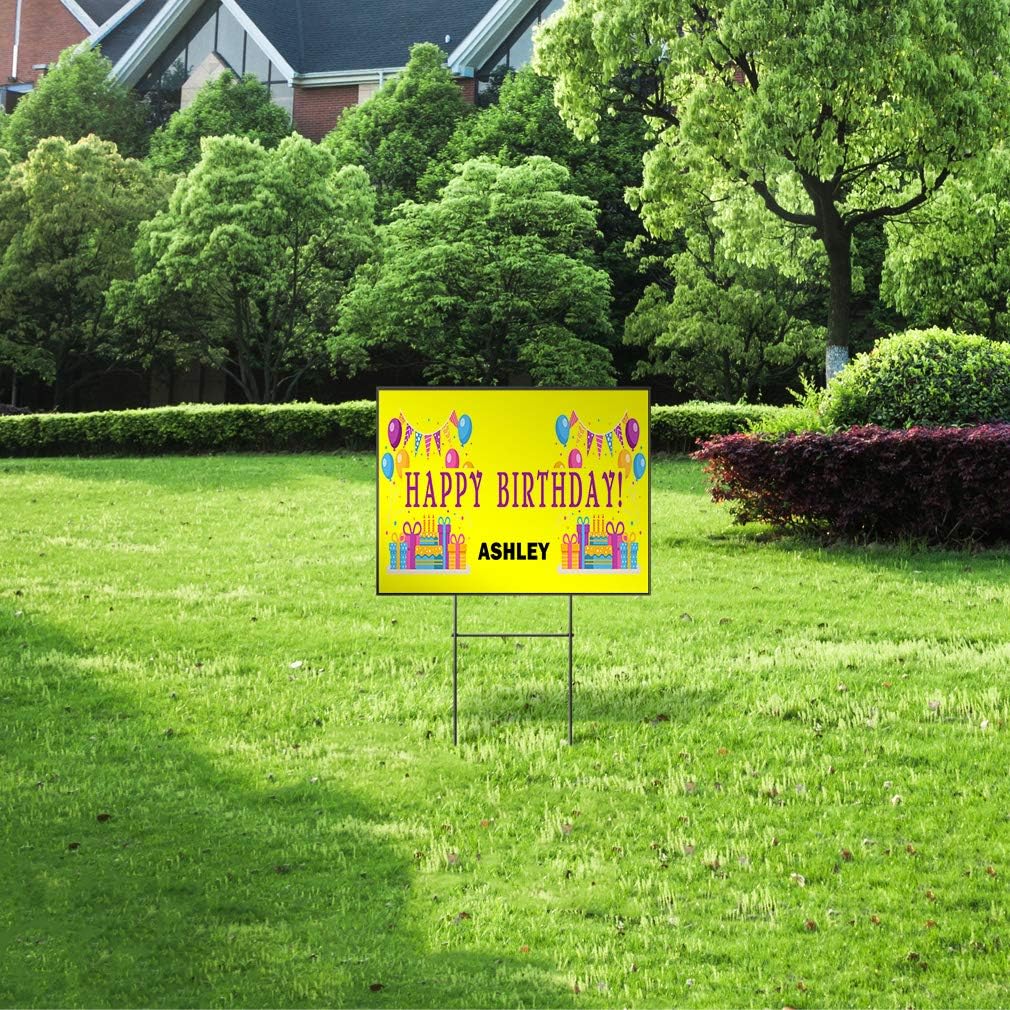 Custom Personalized Yard Sign Happy Birthday Girl Name Yellow Cake&Balloons One Side Print 18inx12in