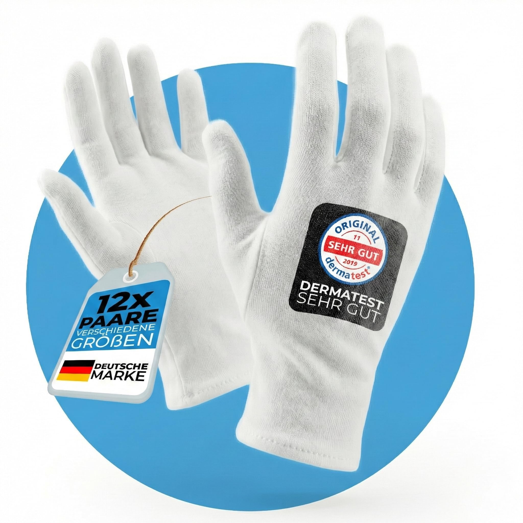 Baumwollhandschuhe aus 100% Baumwolle (Dermatest: Sehr Gut) weiße Handschuhe, weiche Textilhandschuhe für Handmasken, waschbare Stoffhandschuhe mit zertifizierter Hautverträglichkeit