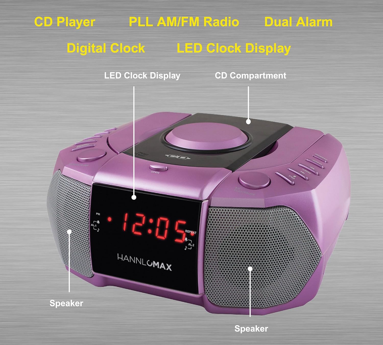 HANNLOMAX HX-334CD CD Player with PLL AM/FM Radio, Digital Clock with Dual Alarm, Red LED Display, Aux-in, AC Operation only. (Purple)